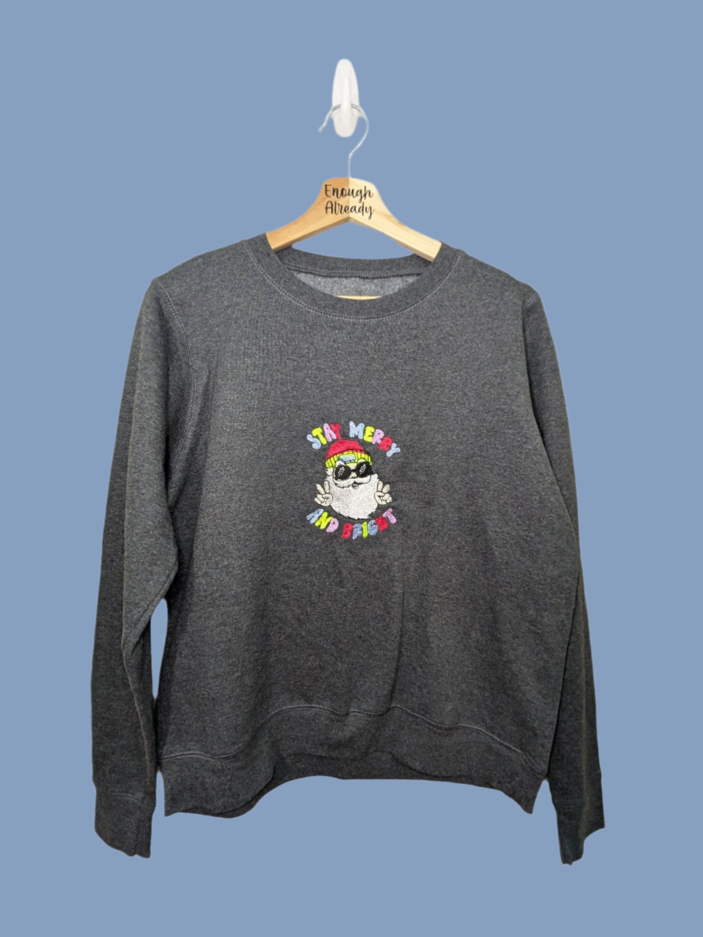 Medium Grey Reworked Christmas Jumper - Sweatshirt - Embroidered Cool Santa with Sunglasses - Stay Merry and Bright