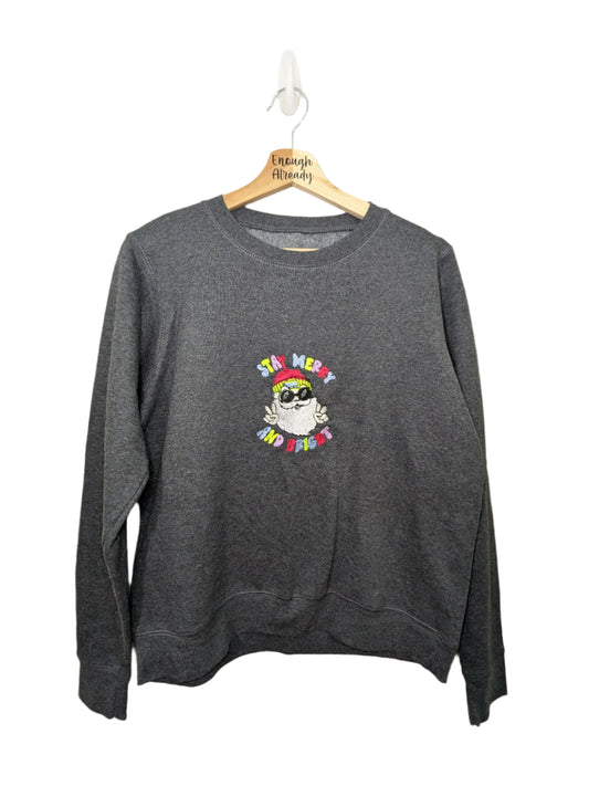 Medium Grey Reworked Christmas Jumper - Sweatshirt - Embroidered Cool Santa with Sunglasses - Stay Merry and Bright