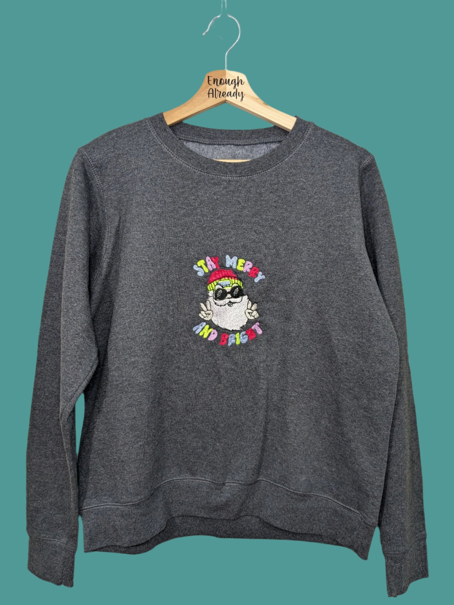 Medium Grey Reworked Christmas Jumper - Sweatshirt - Embroidered Cool Santa with Sunglasses - Stay Merry and Bright