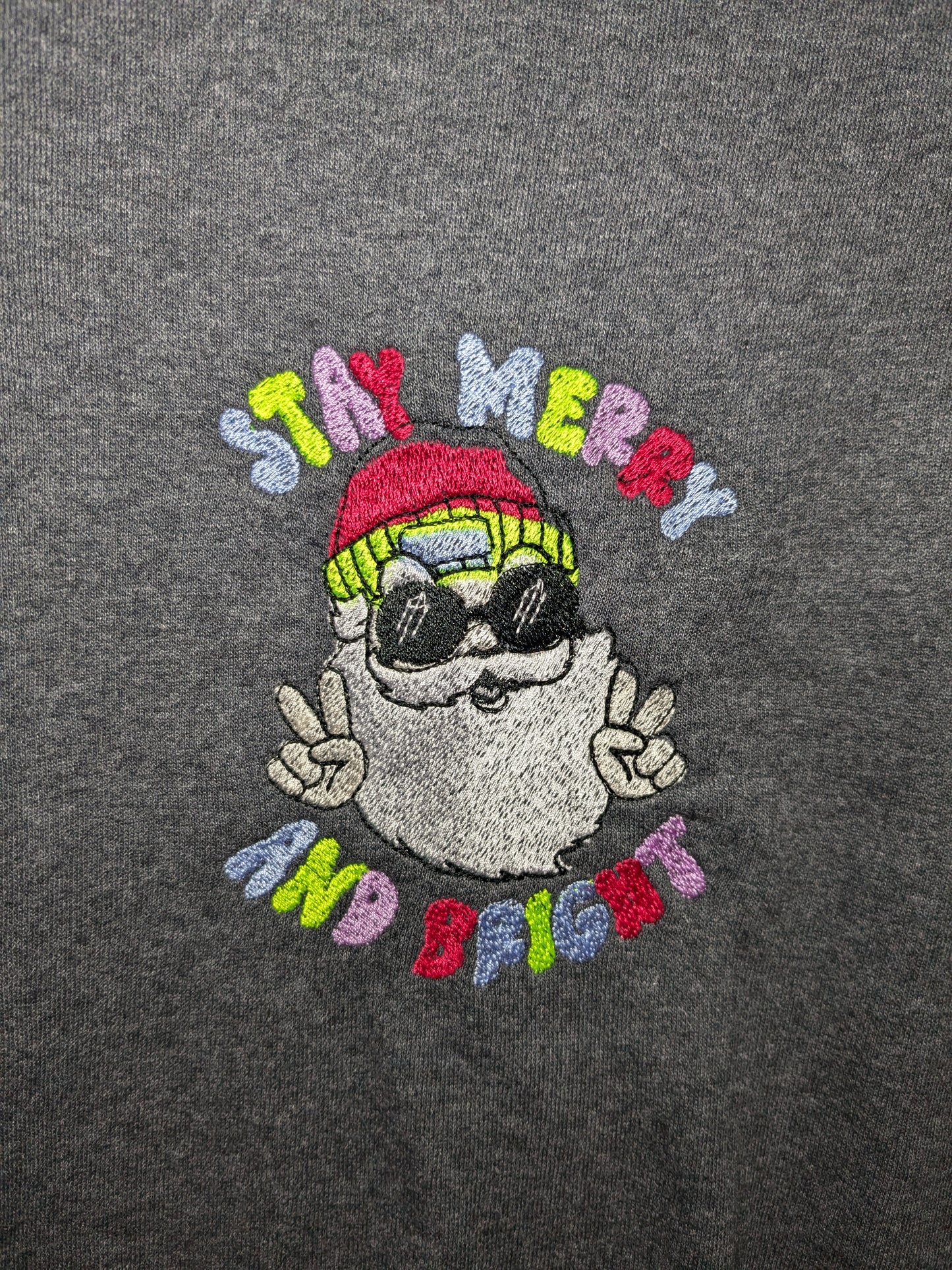 Medium Grey Reworked Christmas Jumper - Sweatshirt - Embroidered Cool Santa with Sunglasses - Stay Merry and Bright