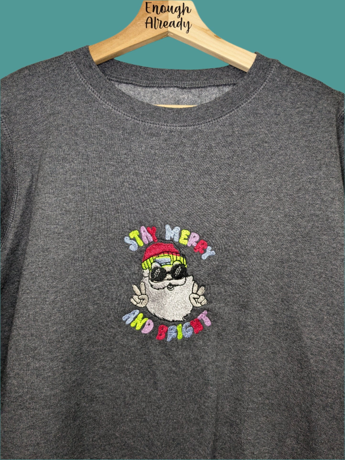 Medium Grey Reworked Christmas Jumper - Sweatshirt - Embroidered Cool Santa with Sunglasses - Stay Merry and Bright