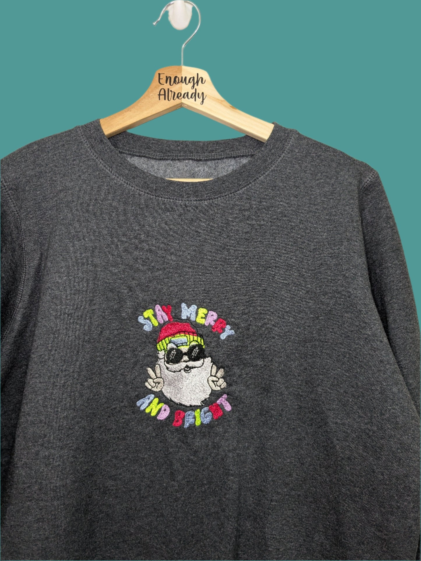 Medium Grey Reworked Christmas Jumper - Sweatshirt - Embroidered Cool Santa with Sunglasses - Stay Merry and Bright