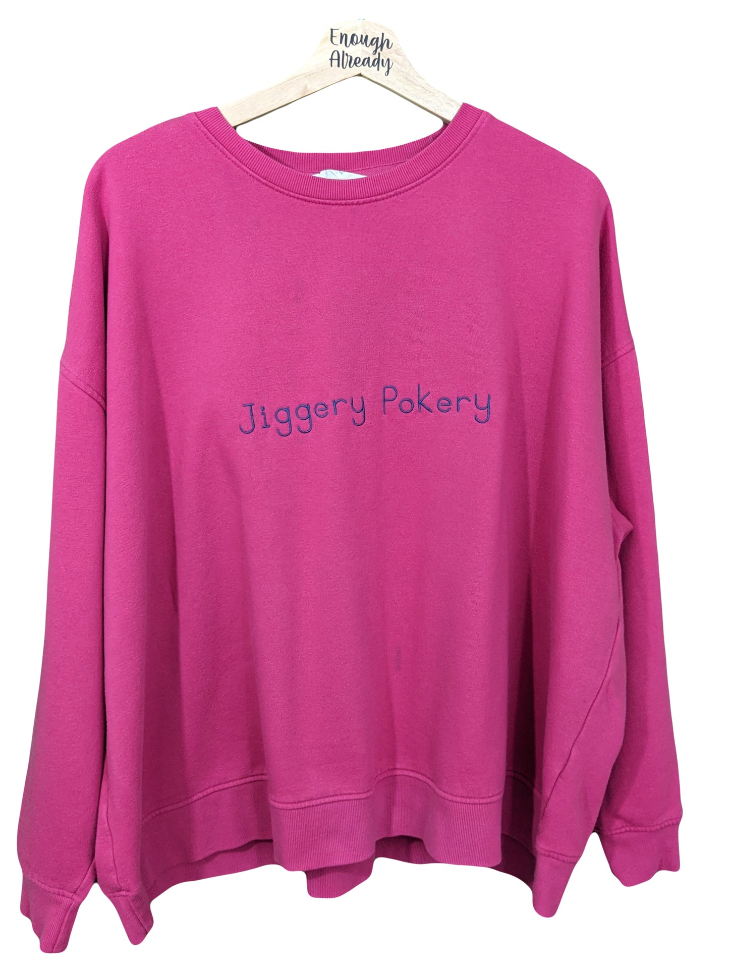 Size 22-24 Hot Pink Reworked Sweatshirt Embroidered Kooky English Word 'Jiggery Pokery' Eco Clothing