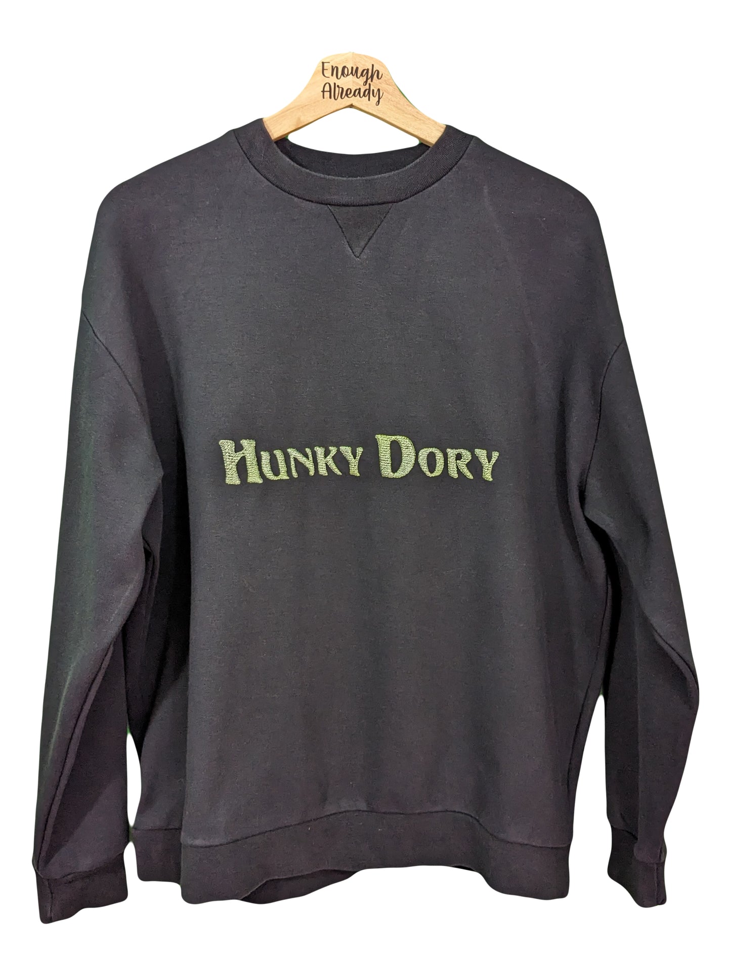 Size Women's Medium Reworked Black Sweatshirt with Embroidered Hunky Dory / David Bowie Inspired Bold Design - One of a Kind
