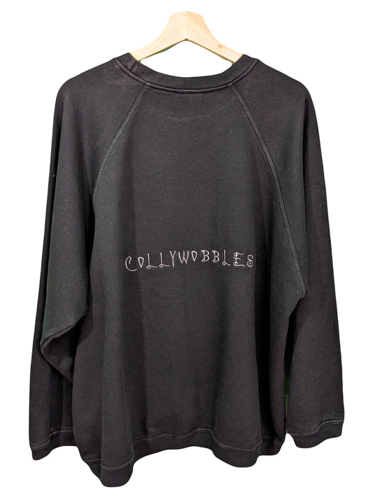 Size Large Black Reworked Sweatshirt with Embroidered Collywobbles Design on the Back