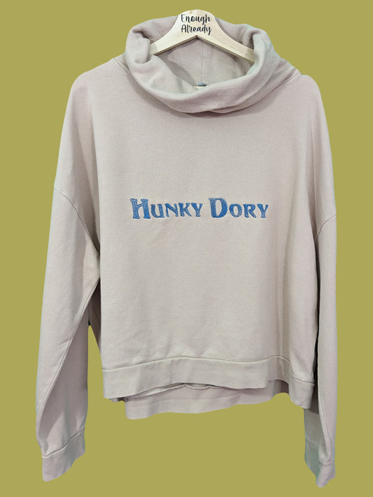 Size 20 Reworked Beige Sweatshirt with Cowl Neck and Hunky Dory Embroidery Design - David Bowie Inspired