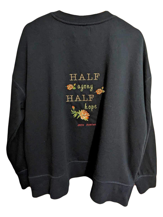 XL Navy Reworked Sweatshirt - Embroidered Jane Austen - Half Agony Half Hope Beautiful Floral Design