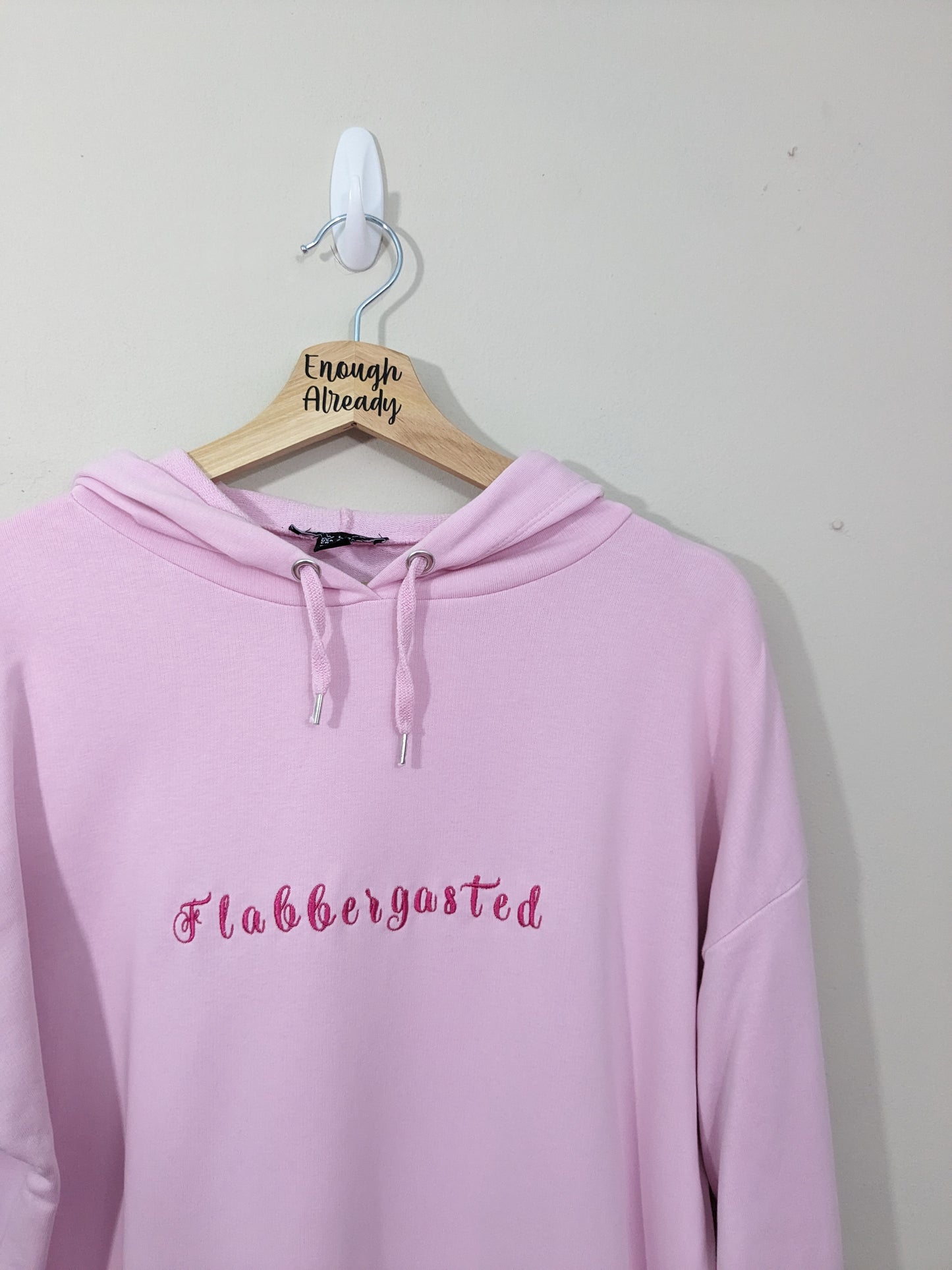 Size 10 Longline Pink reworked Hoody with Embroidered Flabbergasted Quirky Design