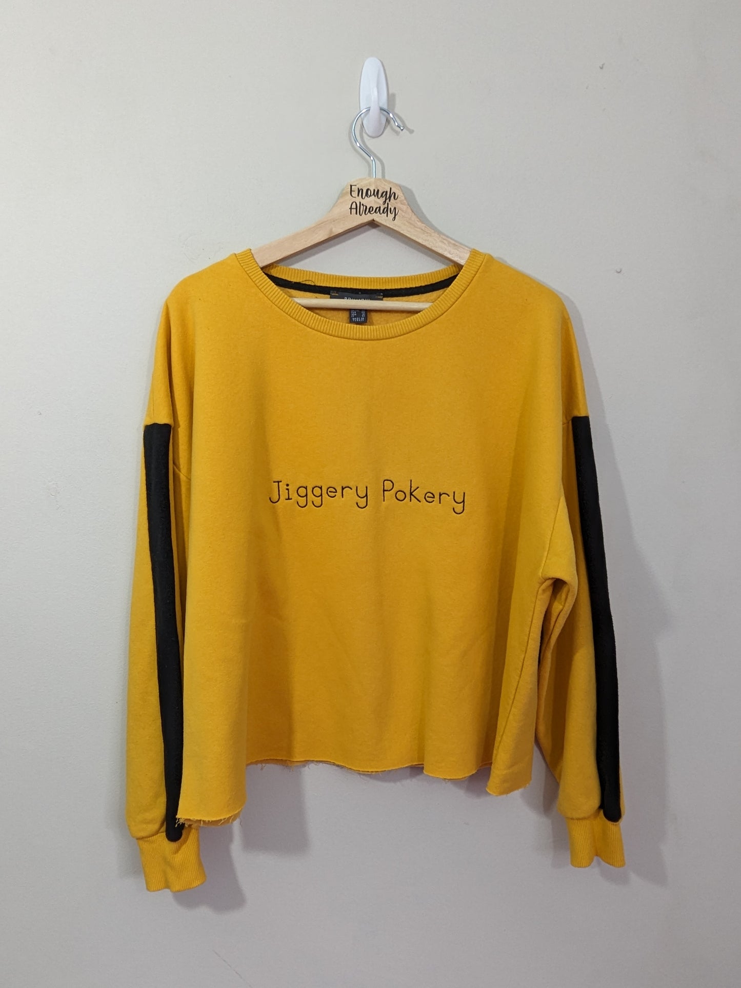 Size 20 Reworked Mustard Sweatshirt with Embroidered Jiggery Pokery Quirky Design