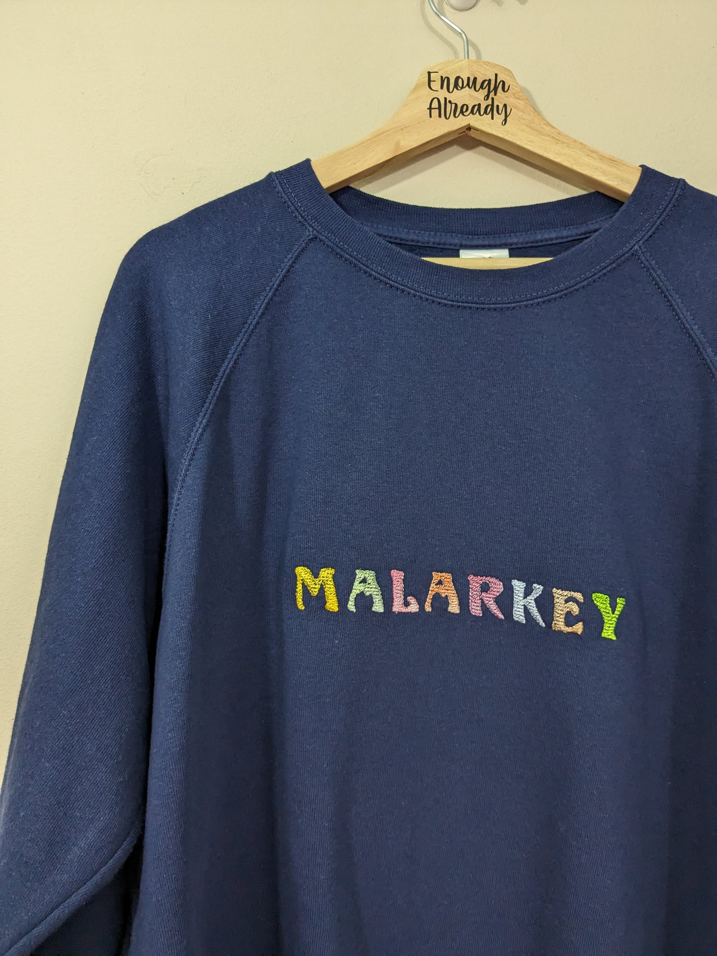 Size Large Reworked Navy Sweatshirt with Embroidered Malarkey Design - Ridiculous English Words Collection