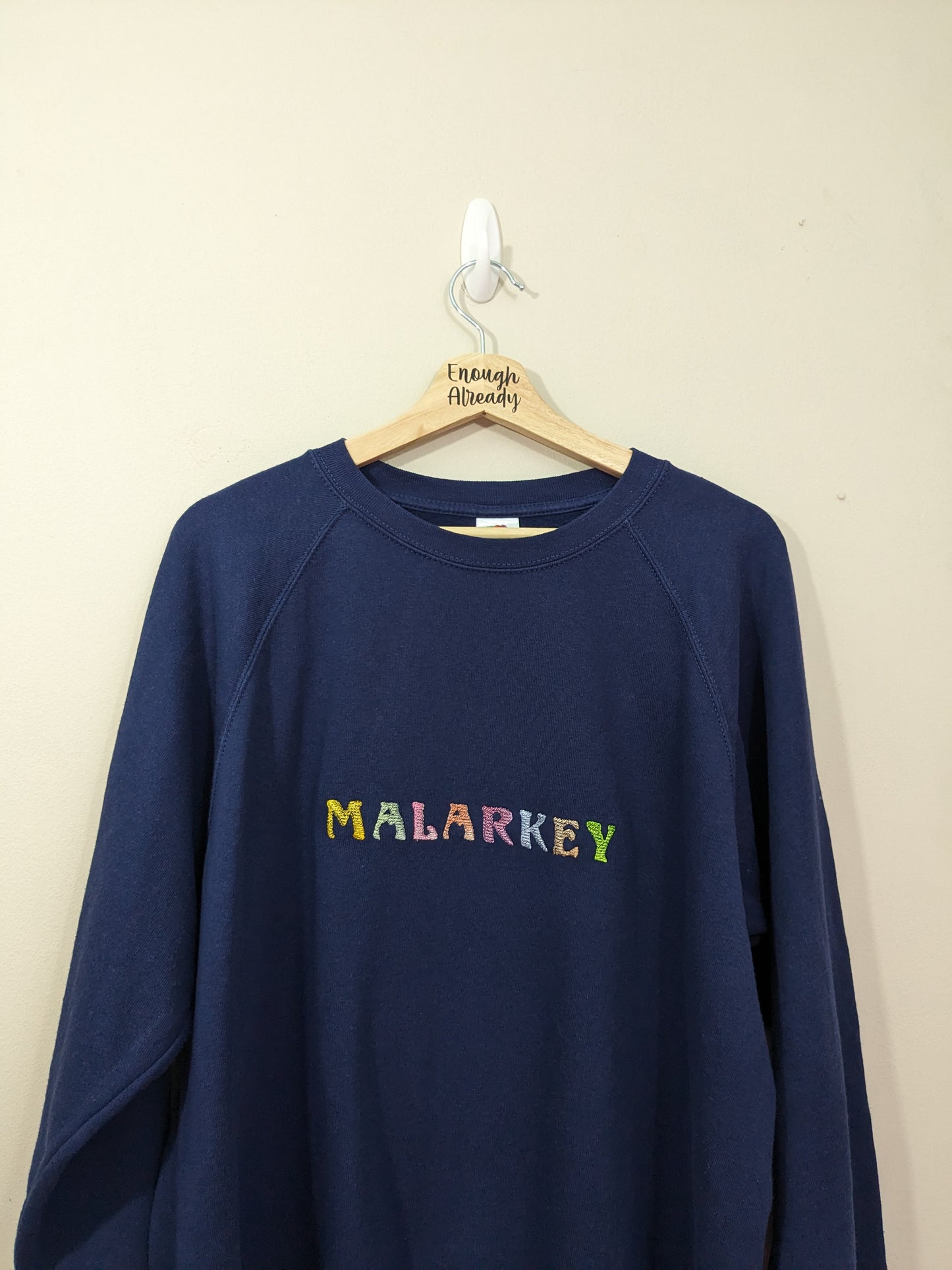 Size Large Reworked Navy Sweatshirt with Embroidered Malarkey Design - Ridiculous English Words Collection