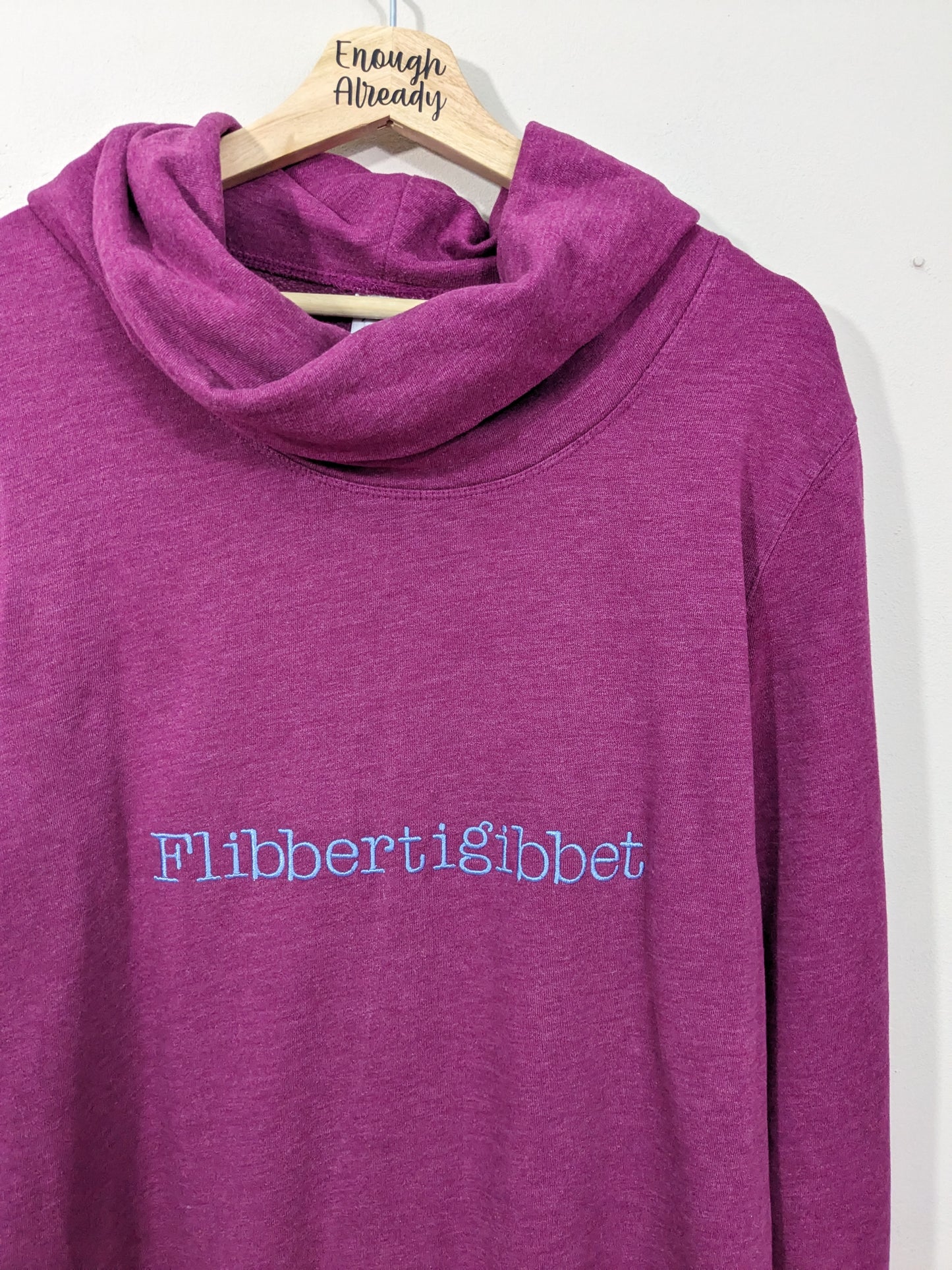 Size Medium Reworked Burgundy Cowl Neck Sweatshirt - Embroidered Flibbertigibbet Kooky Design