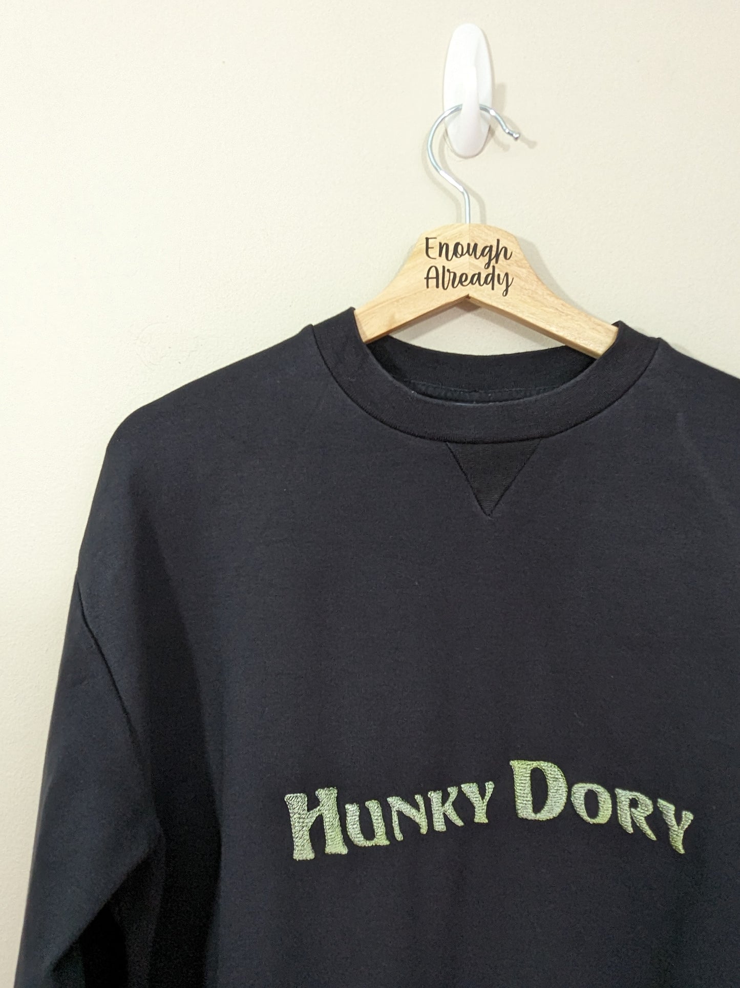 Size Women's Medium Reworked Black Sweatshirt with Embroidered Hunky Dory / David Bowie Inspired Bold Design - One of a Kind