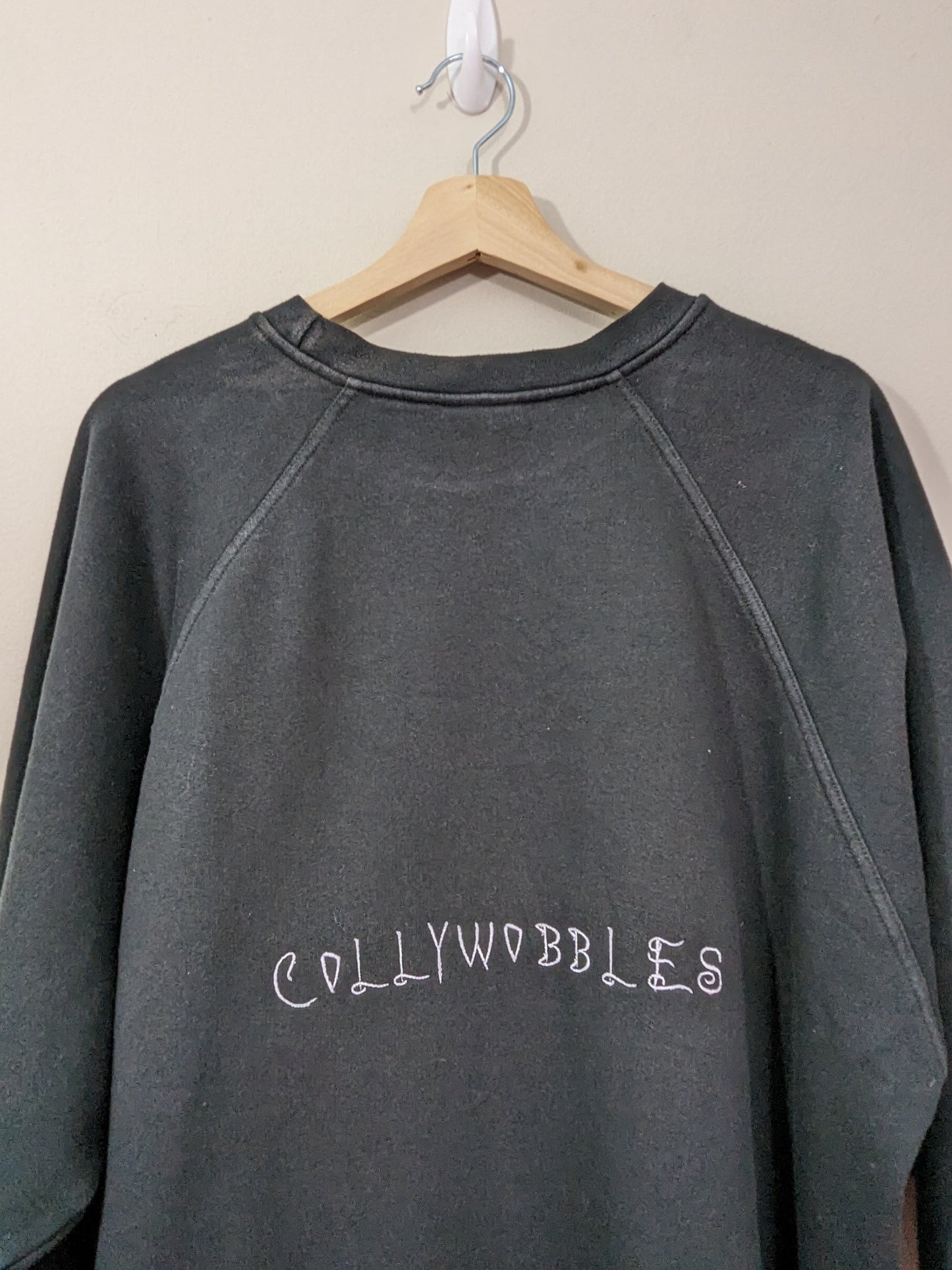 Size Large Black Reworked Sweatshirt with Embroidered Collywobbles Design on the Back