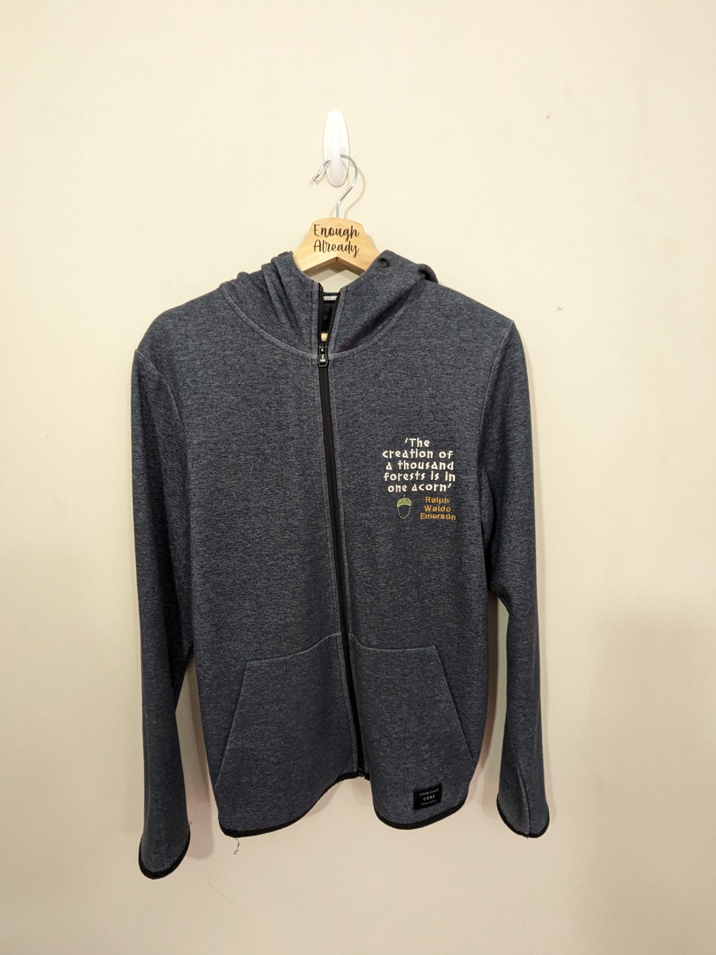Size XS Upcycled Grey/Blue Hoody Embroidered Autumnal Ralph Waldo Emerson Bookish Quote
