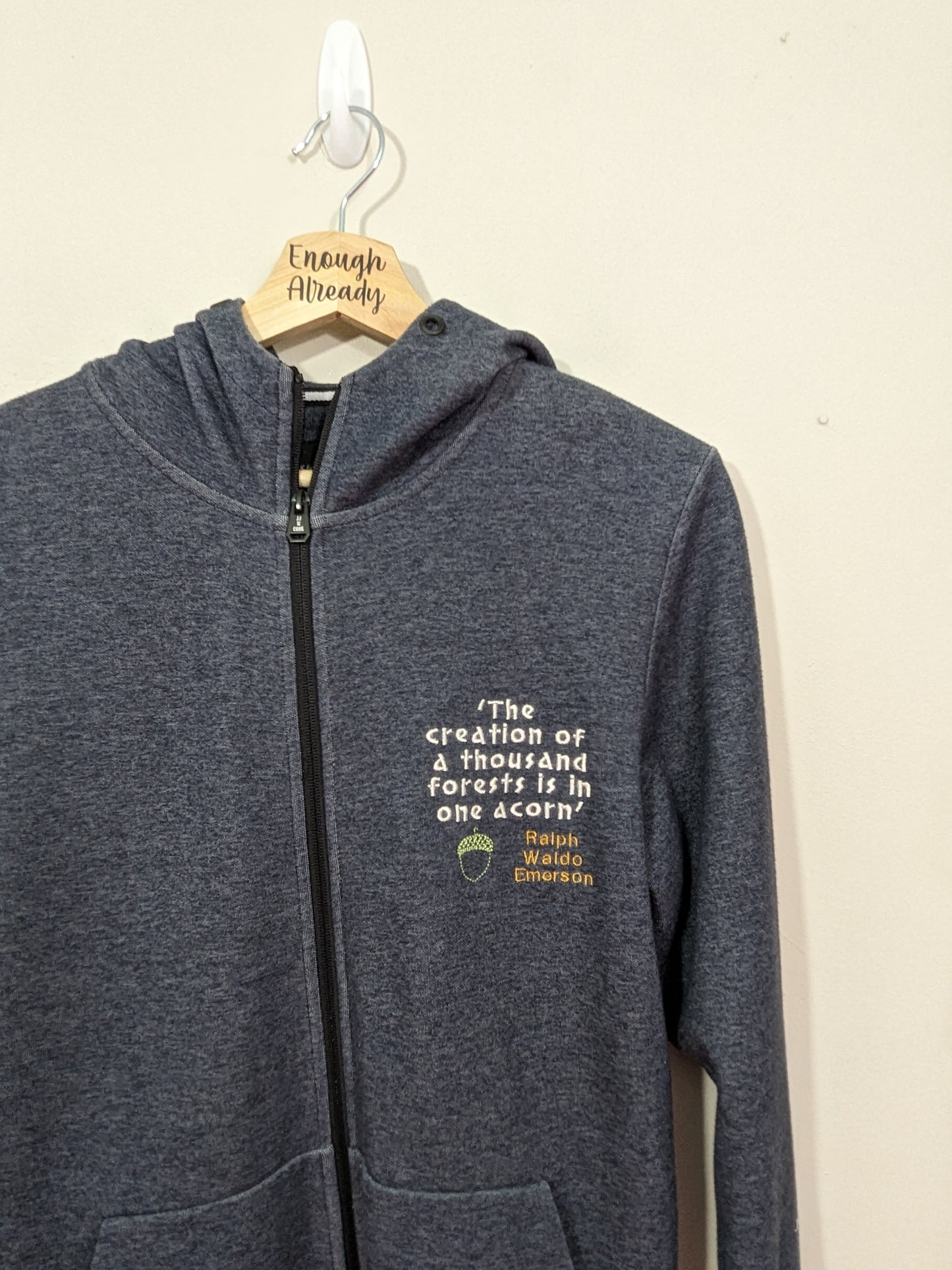 Size XS Upcycled Grey/Blue Hoody Embroidered Autumnal Ralph Waldo Emerson Bookish Quote