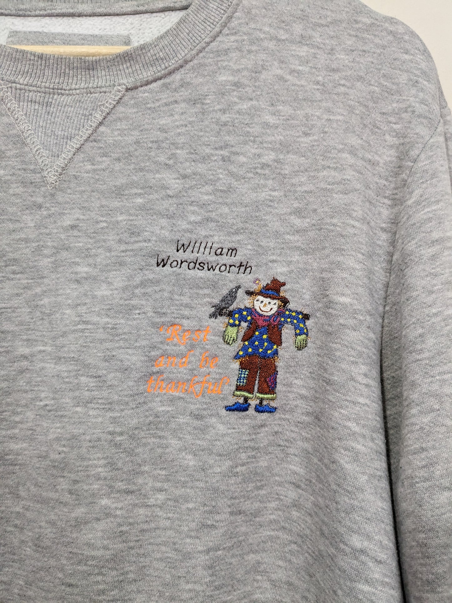 Size Medium Classic Grey Sweatshirt with Embroidered Autumnal William Wordsworth Quote and Scarecrow Design