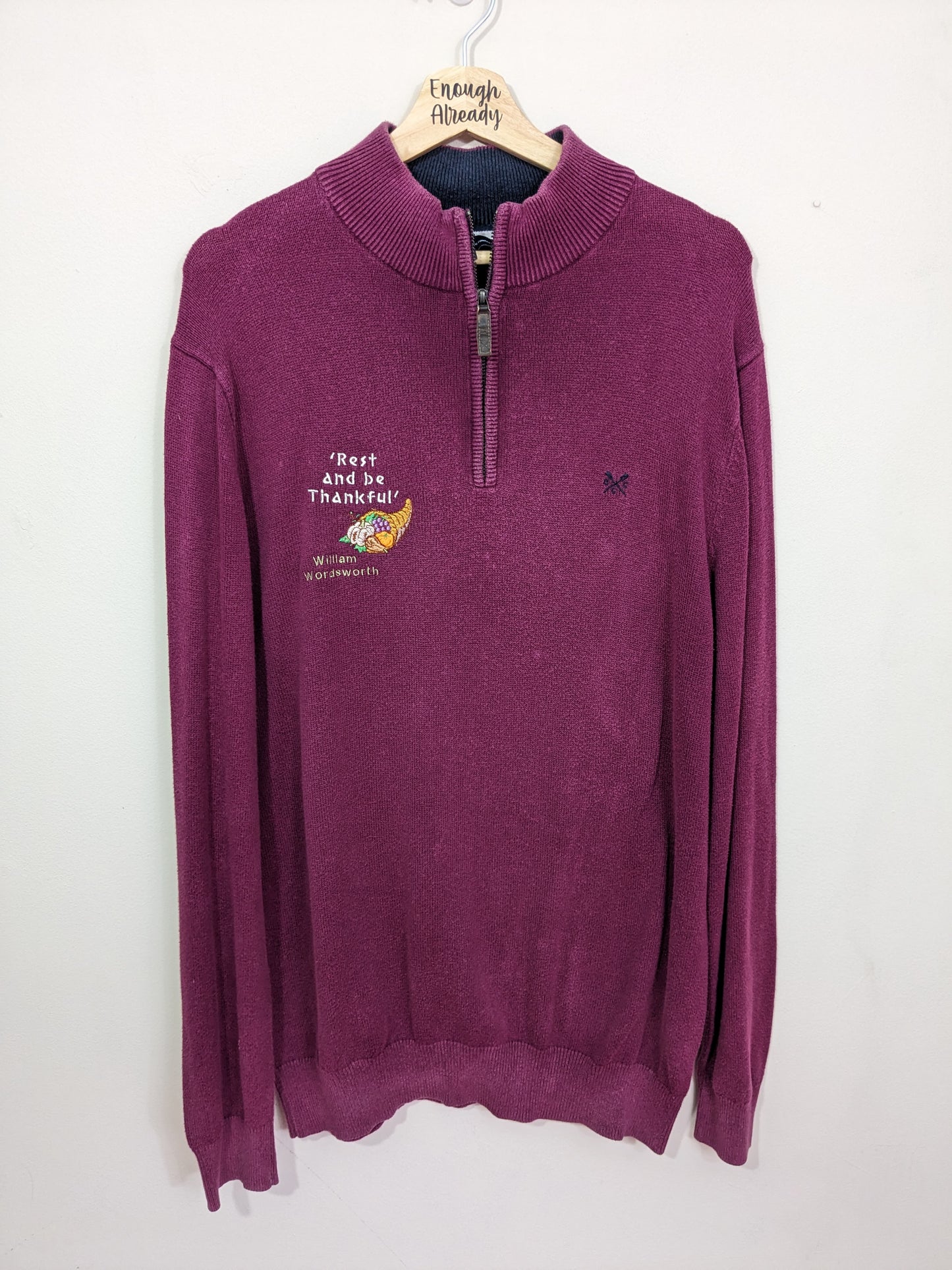 Size Men's XL Purple Knitted 1/4 Zip Reworked Sweatshirt - Embroidered Autumnal William Wordsworth Quote and Design