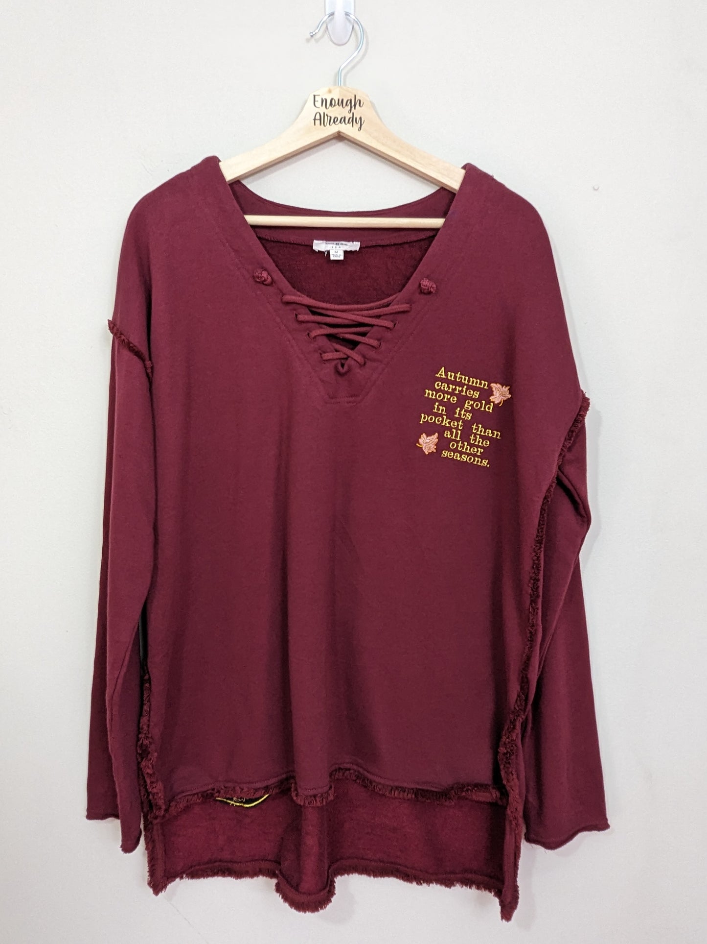 Size Women's Medium Reworked Burgundy Longline Tunic with Embroidered Autumnal Bookish Quote
