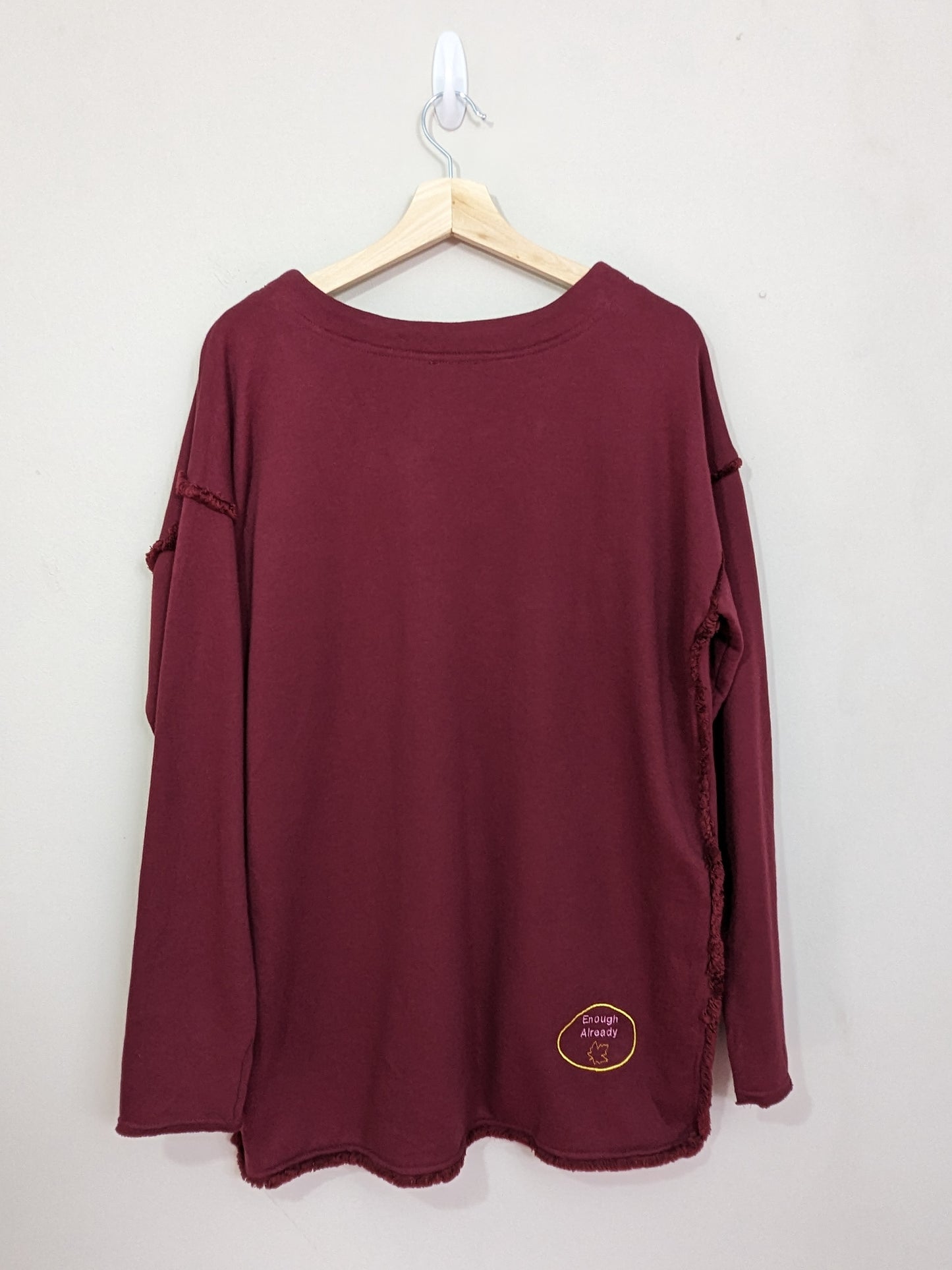 Size Women's Medium Reworked Burgundy Longline Tunic with Embroidered Autumnal Bookish Quote