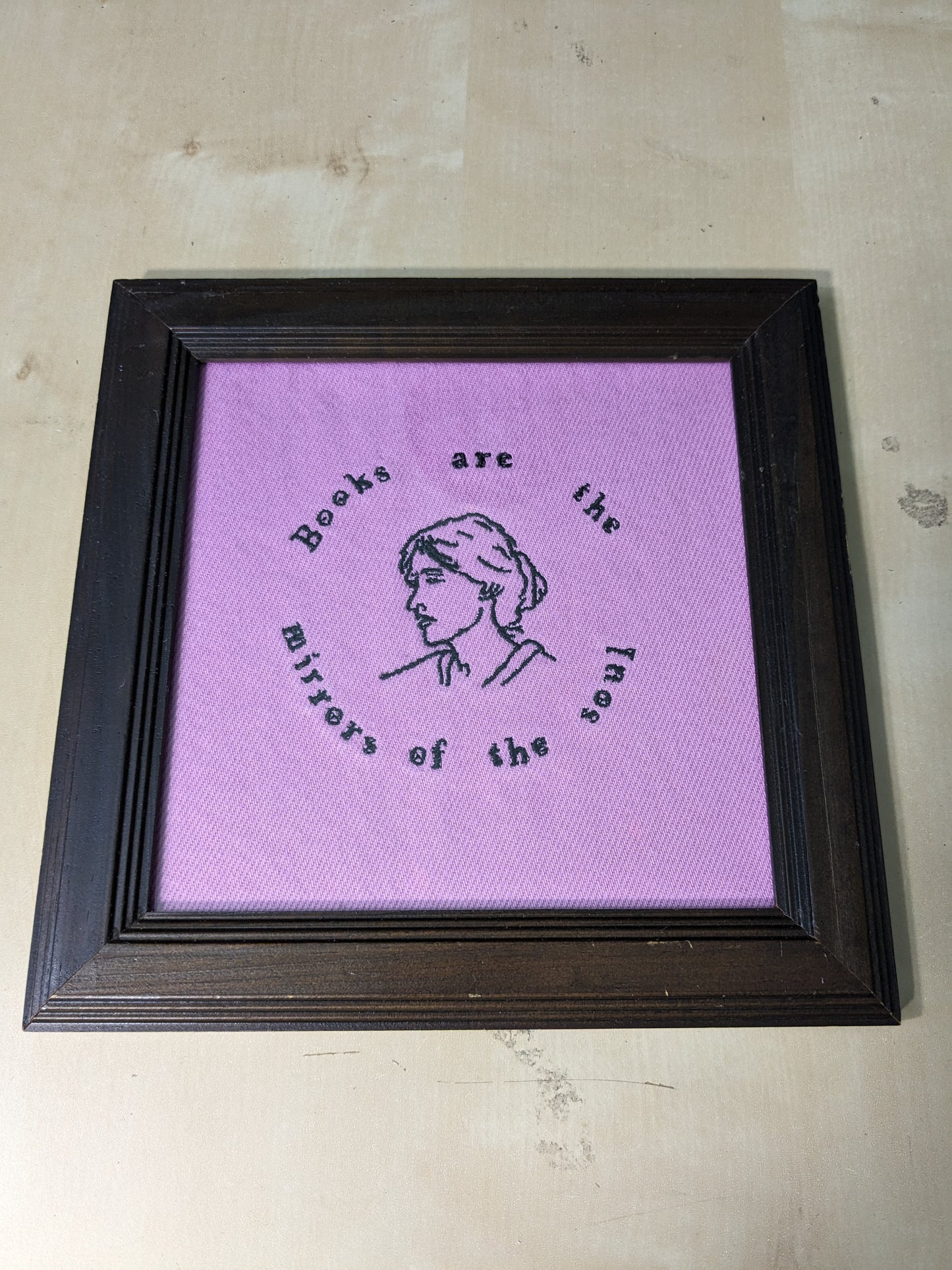 Virginia Woolf Framed Art - Embroidered Line Drawing Portrait and Bookish Quote