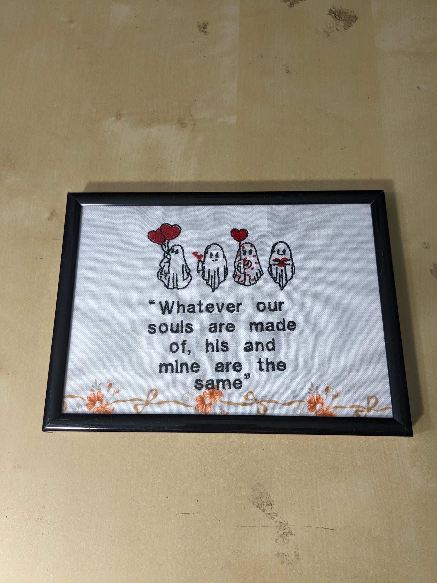 Wuthering Heights - Emily Brontë Inspired - Framed Embroidery Art - Cute Ghost Detail - Hearts and Balloons