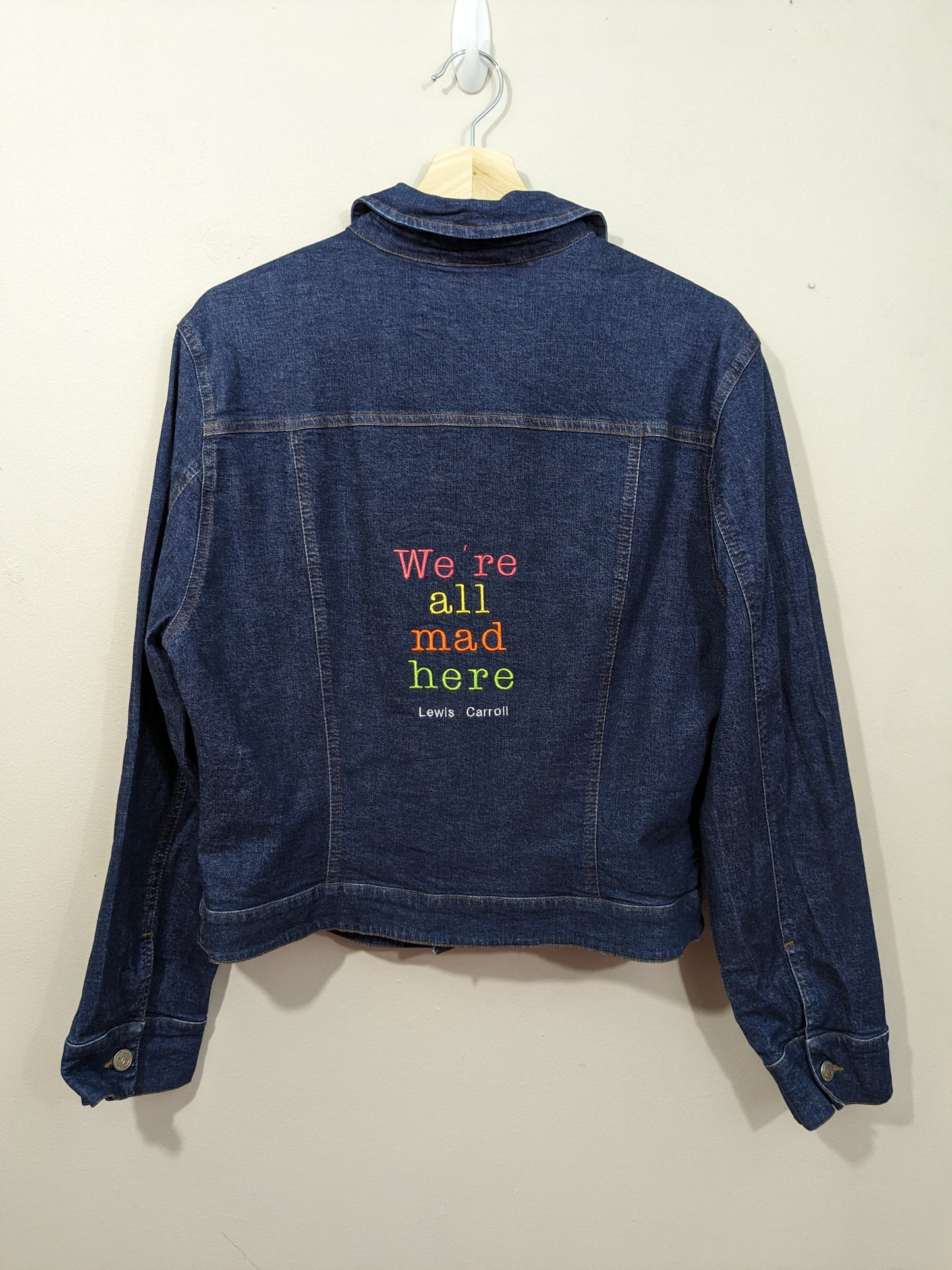 Size 14 Lewis Carroll Denim Jacket - Rainbow Thread - We're All Mad Here Bookish Alice in Wonderland Quote