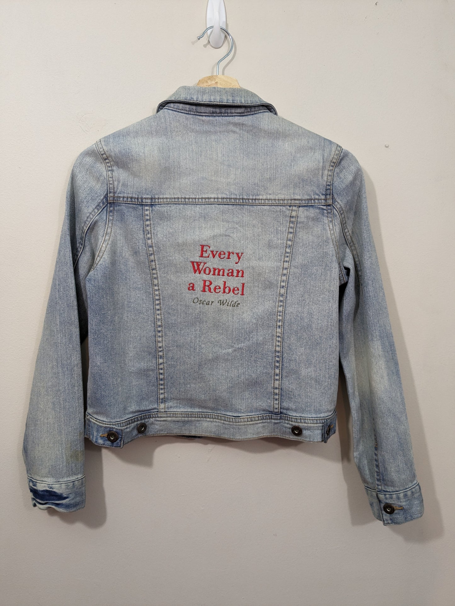 Age 13-14 Years Feminist Denim Jacket - Embroidered Oscar Wilde Quote - Every Woman A Rebel