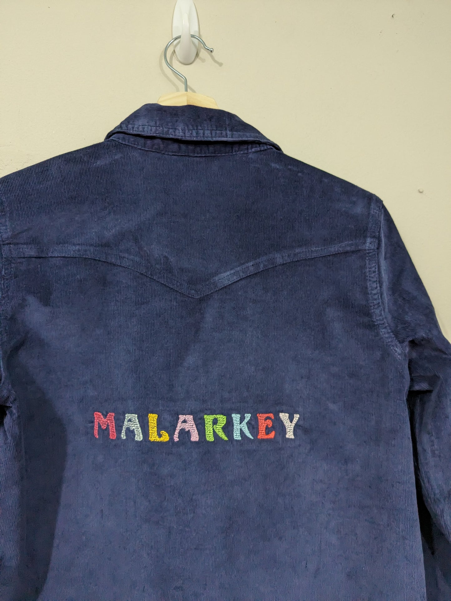 Size 12 Upcycled Navy Cord Shirt - Embroidered Rainbow 'Malarkey' Design