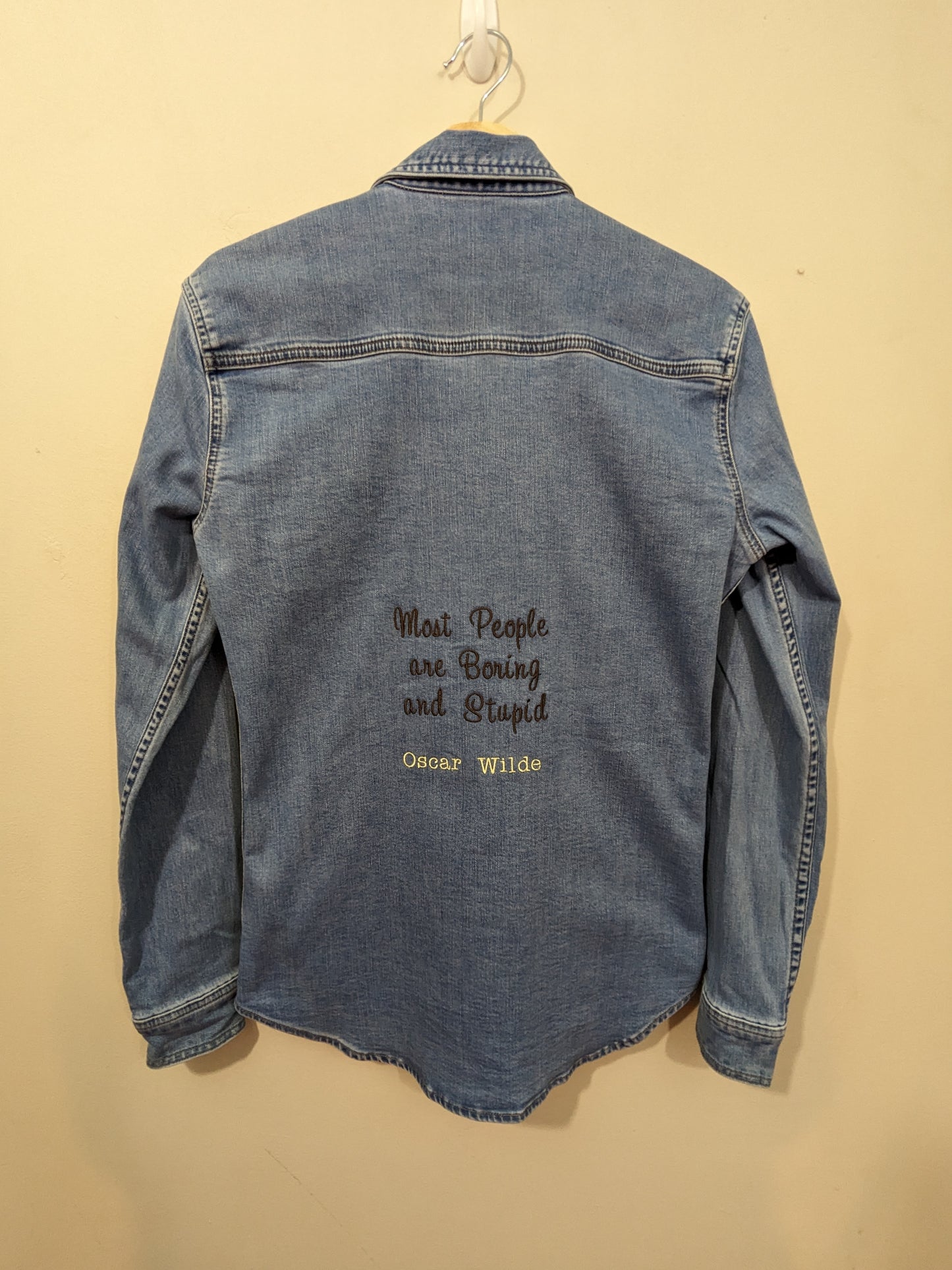 Size Small Reworked Blue Denim Shirt - Embroidered Oscar Wilde Quote - Bookish Clothing