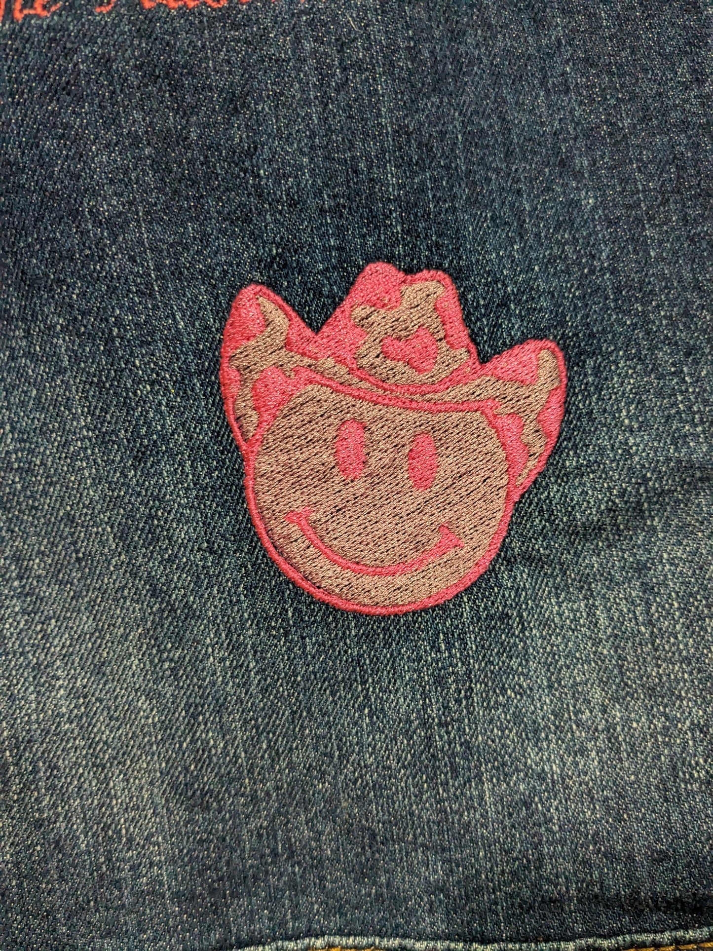 Size 16 Jane Austen Reworked Denim Jacket - Rainbow Embroidery - Cowboy Hat Detail - Know your own happiness