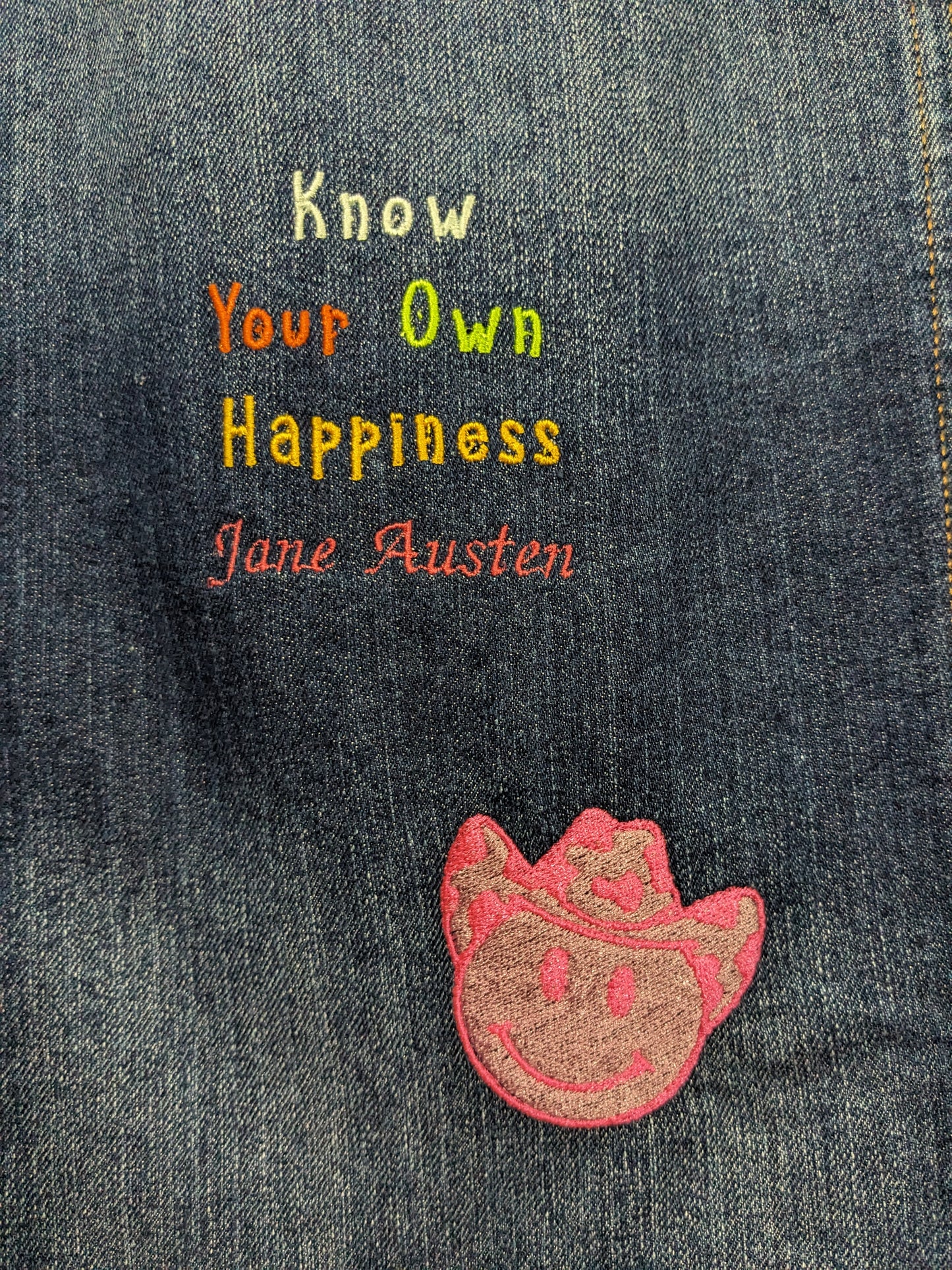 Size 16 Jane Austen Reworked Denim Jacket - Rainbow Embroidery - Cowboy Hat Detail - Know your own happiness