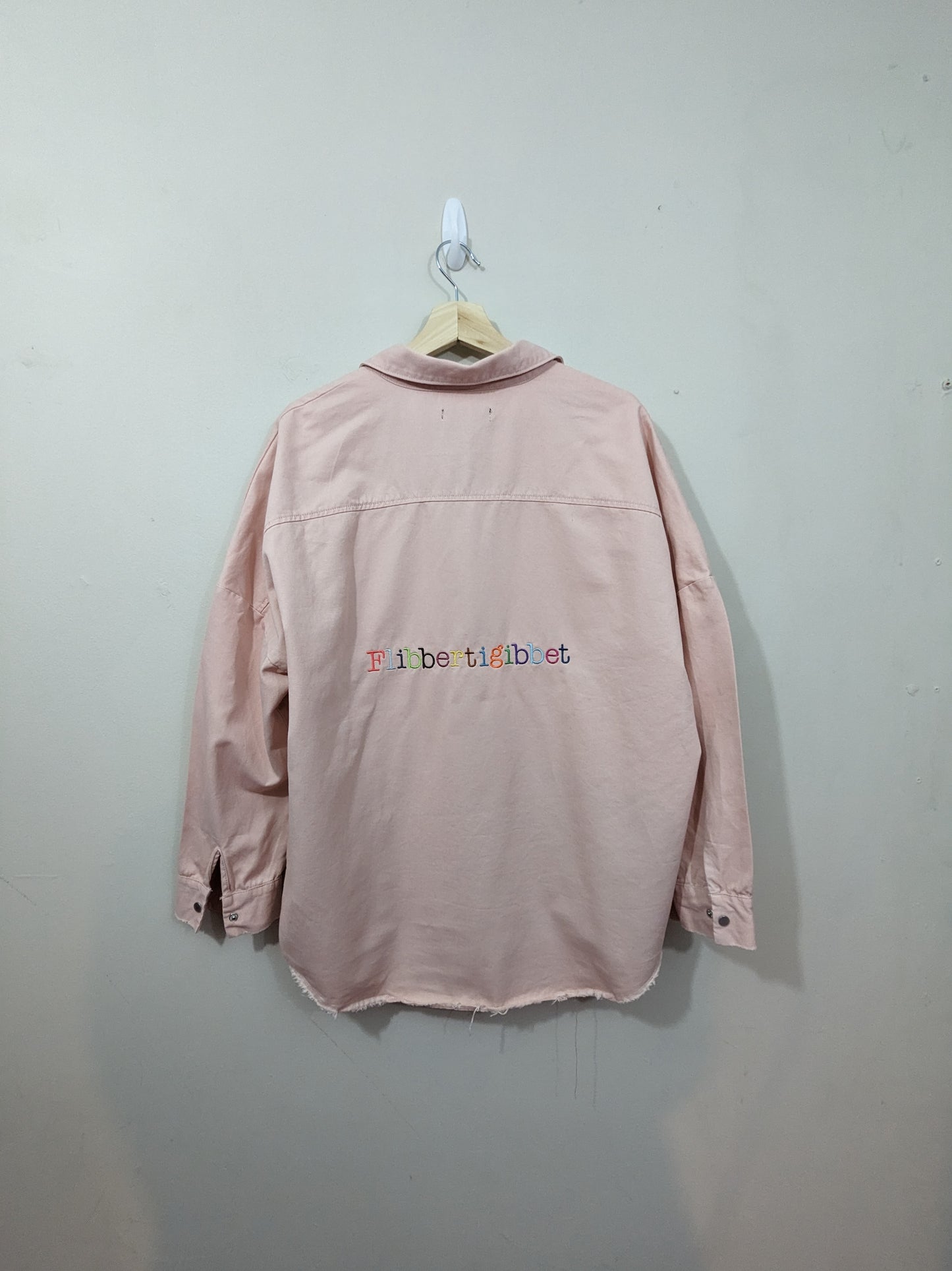 Size 14 Flibbertigibbet Upcycled Pink Denim Shirt - Rainbow Embroidery - Whimsical Design