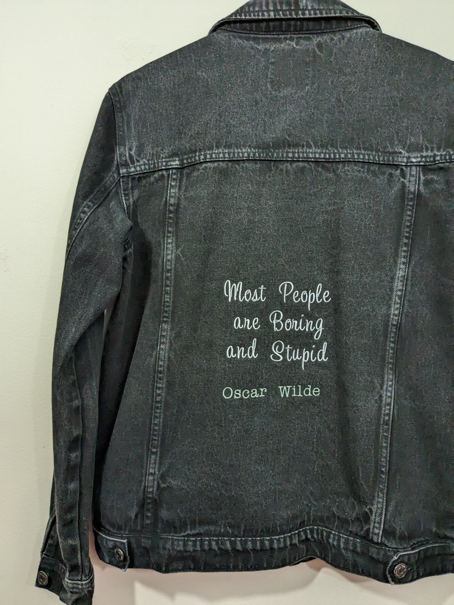 Medium Reworked Black Denim Jacket - Embroidered Sassy Oscar Wilde Bookish Quote