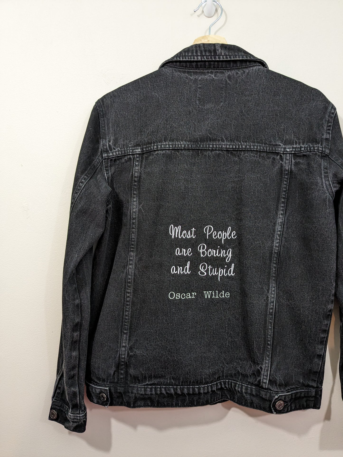 Medium Reworked Black Denim Jacket - Embroidered Sassy Oscar Wilde Bookish Quote