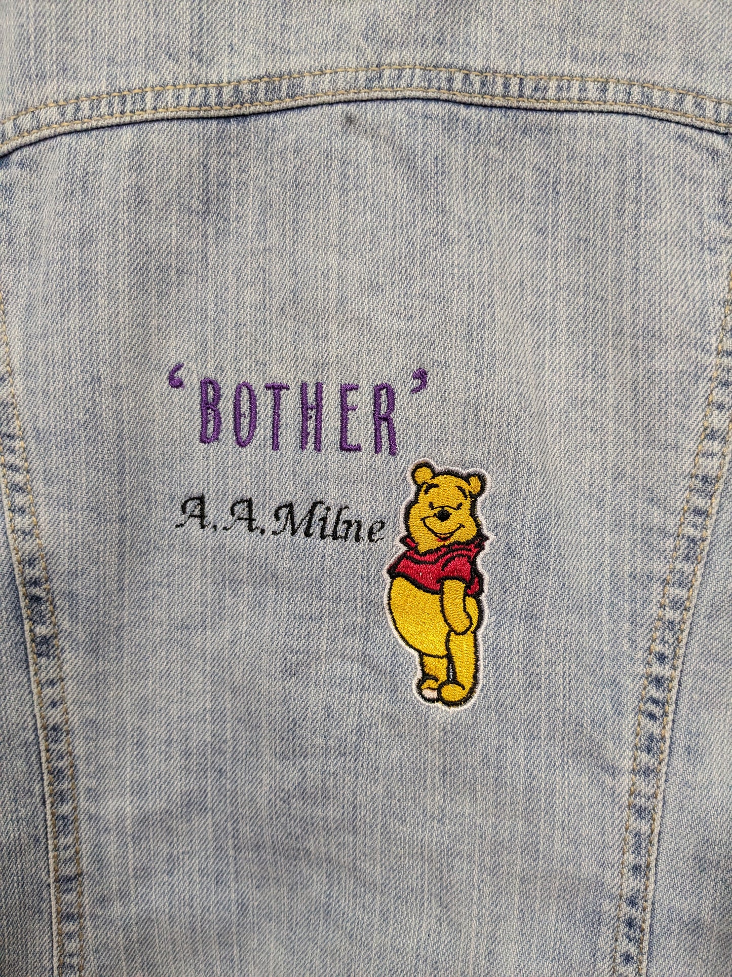 Size 12 Light Blue Denim Jacket - Reworked - Embroidered Winnie the Pooh, A. A. Milne Quote -