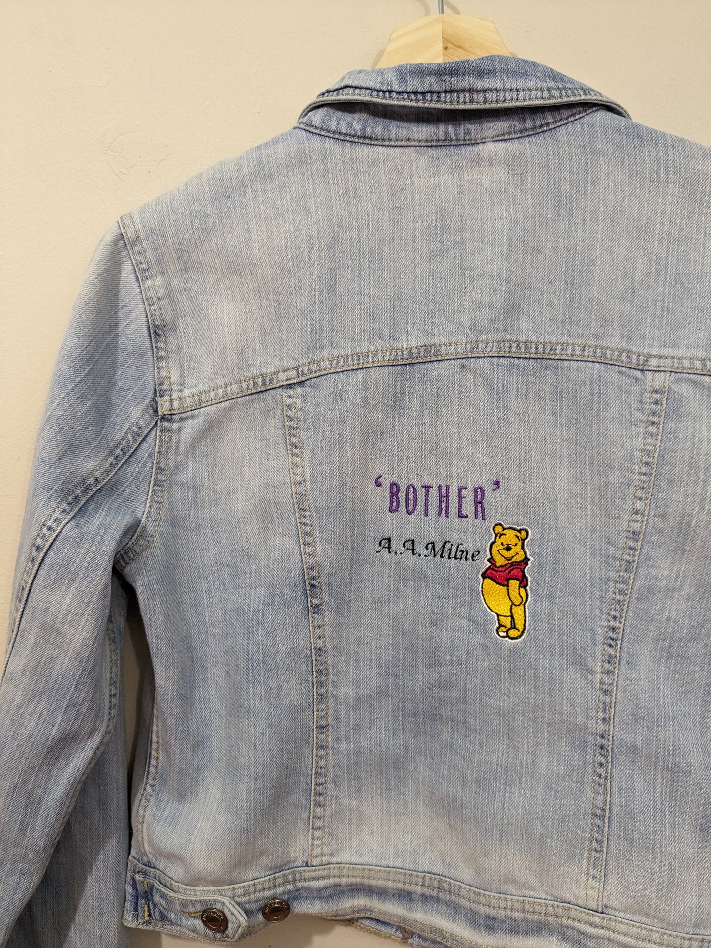Size 12 Light Blue Denim Jacket - Reworked - Embroidered Winnie the Pooh, A. A. Milne Quote -