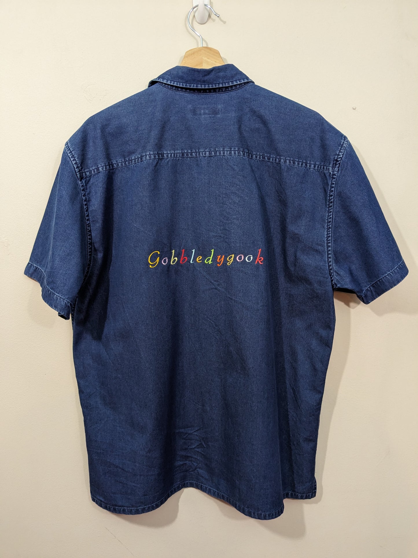 Large Deep Blue Reworked/ Embroidered Denim Short Sleeve Shirt - Rainbow Gobbledygook Design