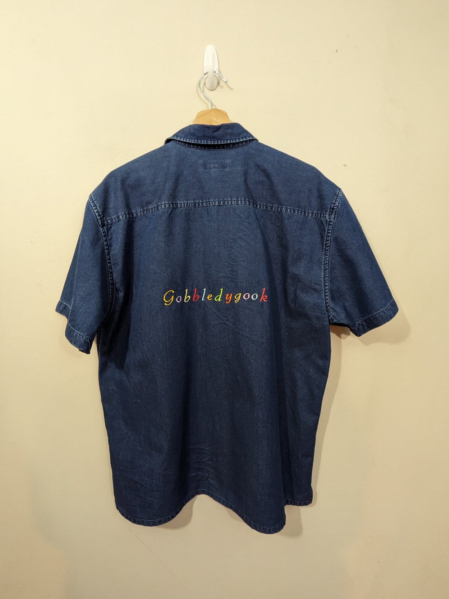 Large Deep Blue Reworked/ Embroidered Denim Short Sleeve Shirt - Rainbow Gobbledygook Design