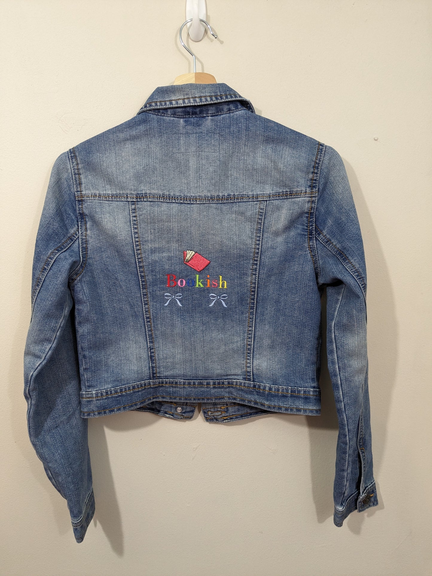 Size 10 Bookish Repurposed Denim Jacket - Book and Bow Cute Detail - Rainbow Thread