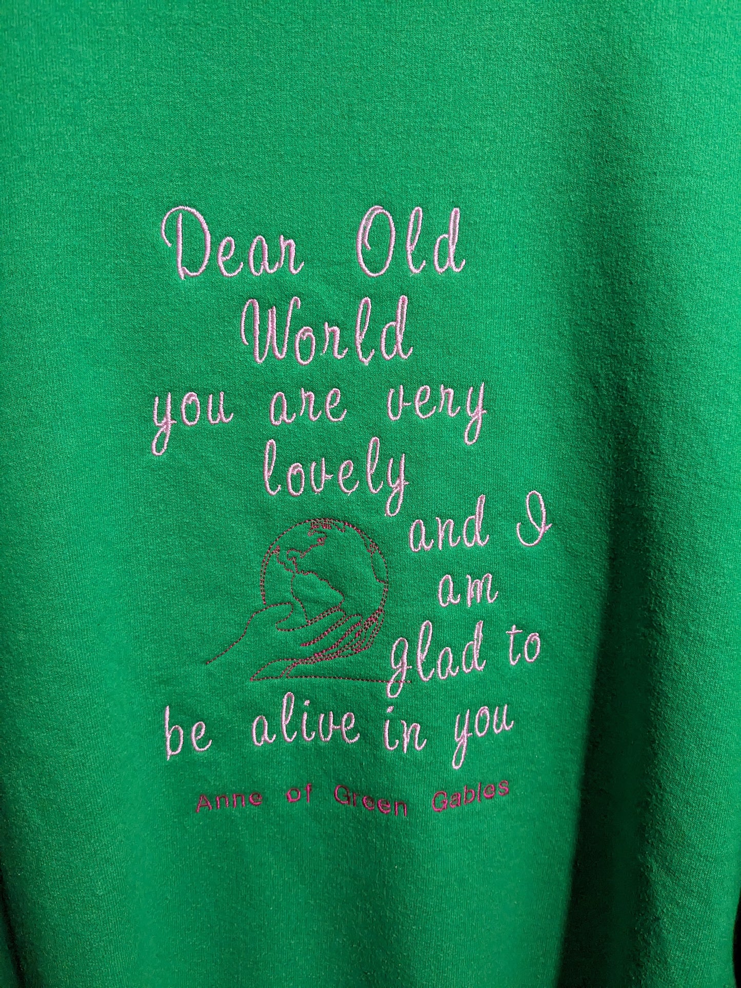 Size 2XL Vibrant Green Embroidered Reworked Sweatshirt - Anne of Green Gables Pink Design - World in Hands