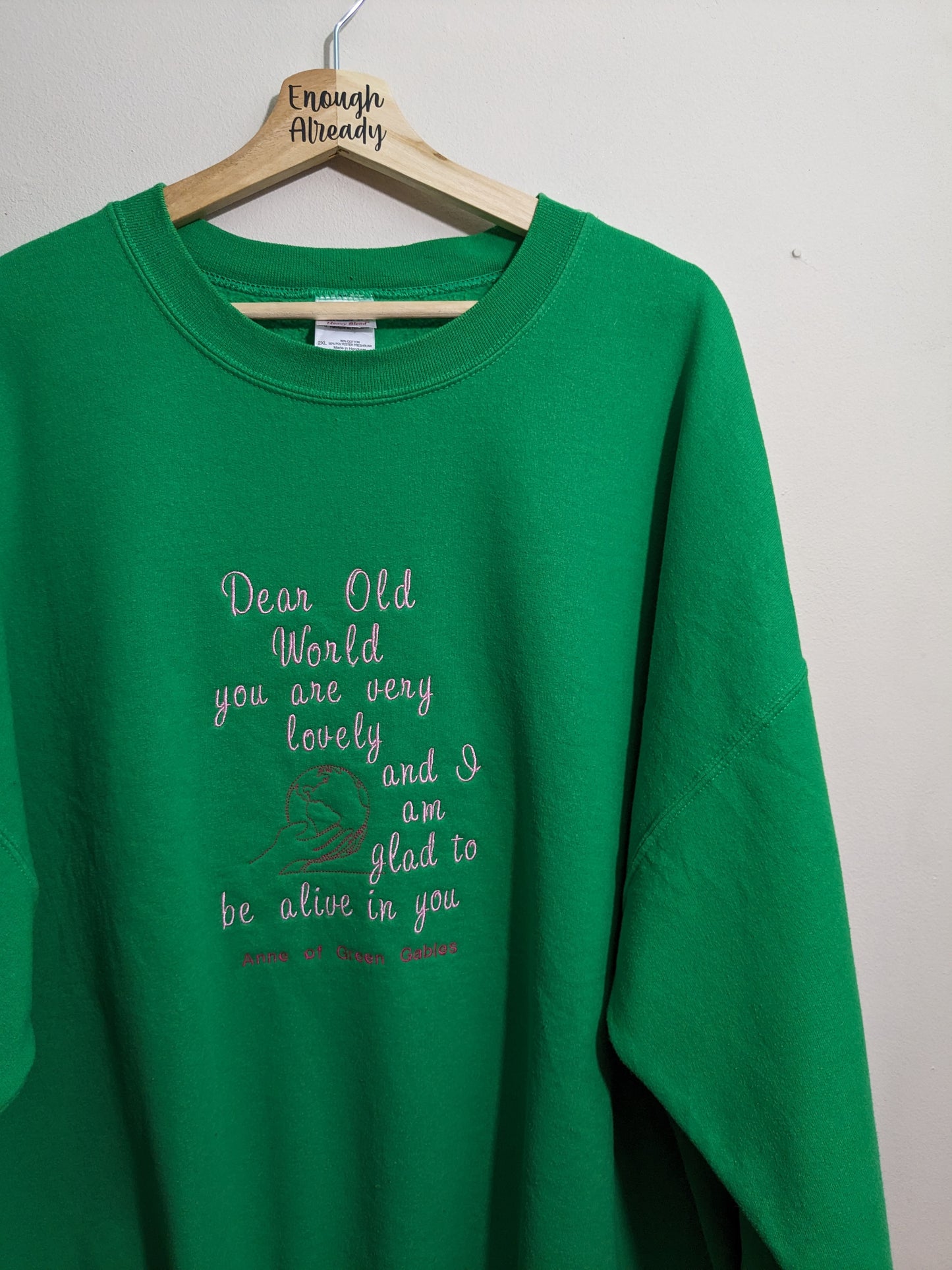 Size 2XL Vibrant Green Embroidered Reworked Sweatshirt - Anne of Green Gables Pink Design - World in Hands