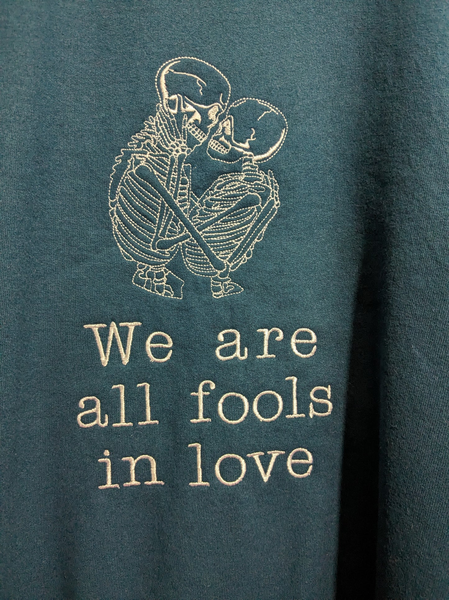 Size XL Navy Blue Reclaimed Sweatshirt - Embroidered Pride and Prejudice - Jane Austen Quote and Gothic Skeleton Illustration