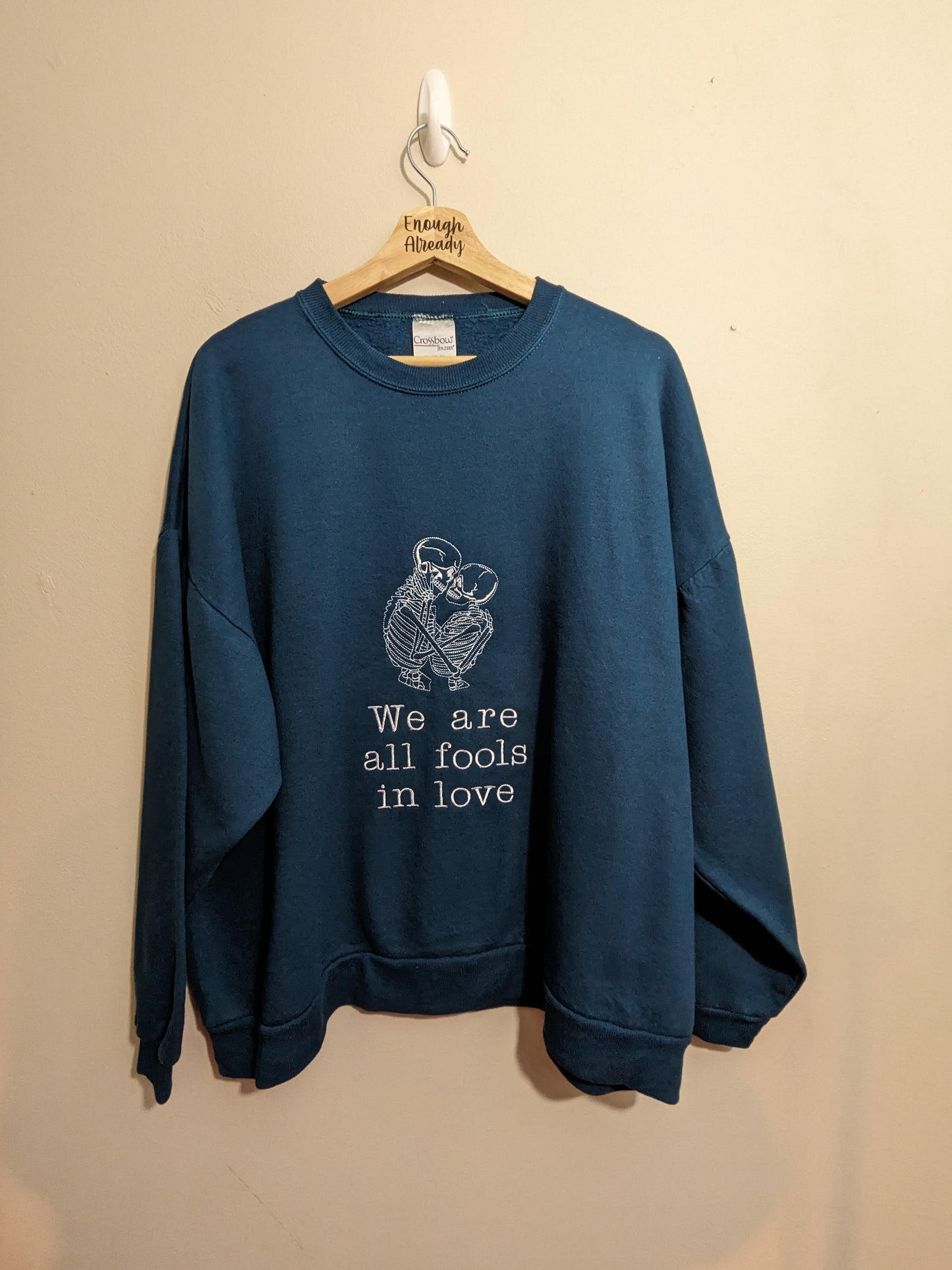 Size XL Navy Blue Reclaimed Sweatshirt - Embroidered Pride and Prejudice - Jane Austen Quote and Gothic Skeleton Illustration