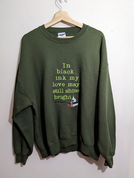 Size XL Khaki Green Reworked Sweatshirt - William Shakespeare - Bookstack - Embroidered Gothic Skull - Sonnet 65