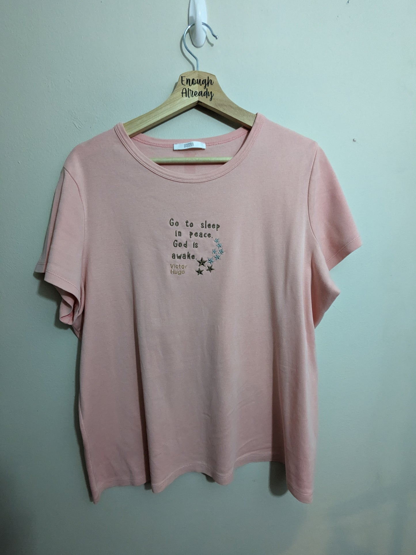 Size 22 Peaches and Cream Colour Reworked Pyjama Two Piece Set - Embroidered Victor Hugo (Les Misérables) Design and Quote