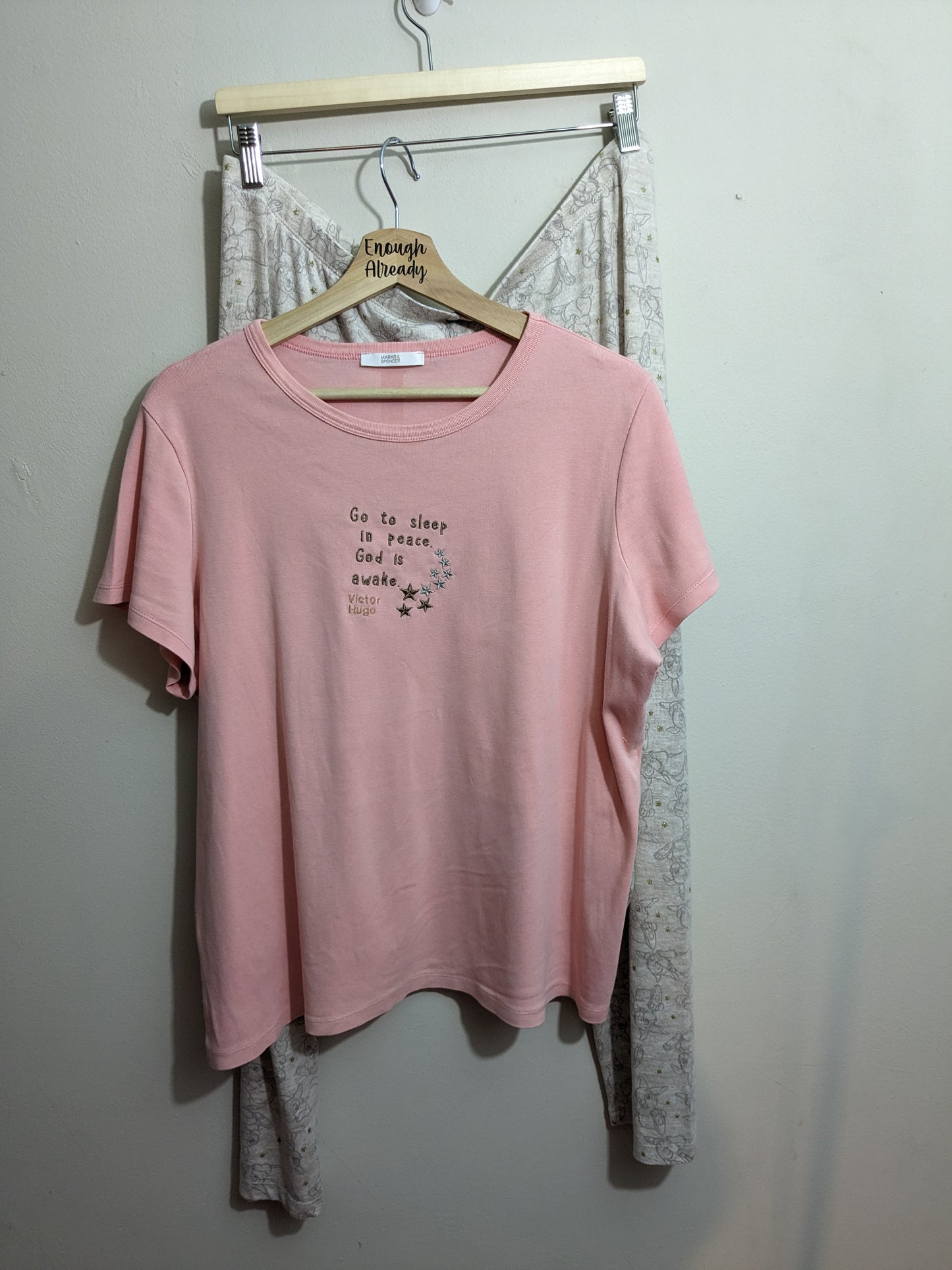Size 22 Peaches and Cream Colour Reworked Pyjama Two Piece Set - Embroidered Victor Hugo (Les Misérables) Design and Quote