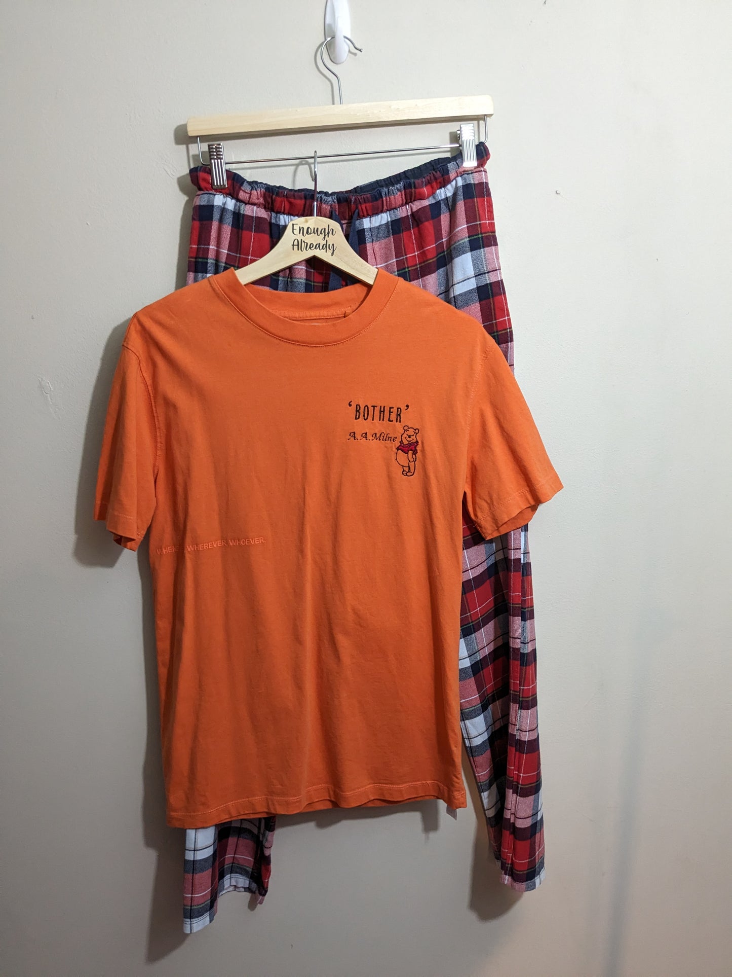 Size Small Orange and Classic Red Check Pyjama Set - Embroidered Winnie The Pooh 'Bother' Design - A. A. Milne Quote