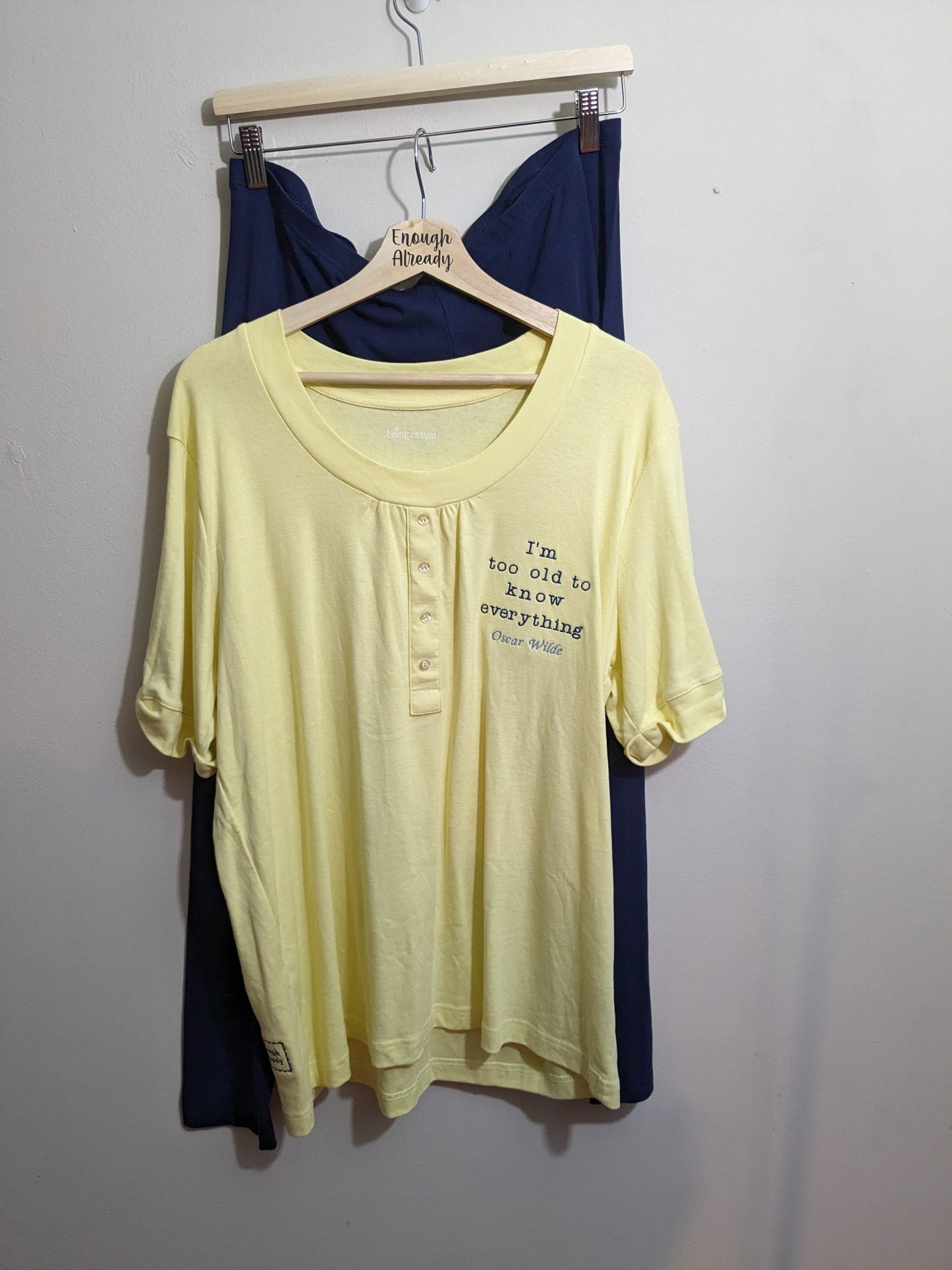 Size 20/22 Reworked Loungewear Set - Lemon Yellow & Navy - Embroidered Oscar Wilde Bookish Quote