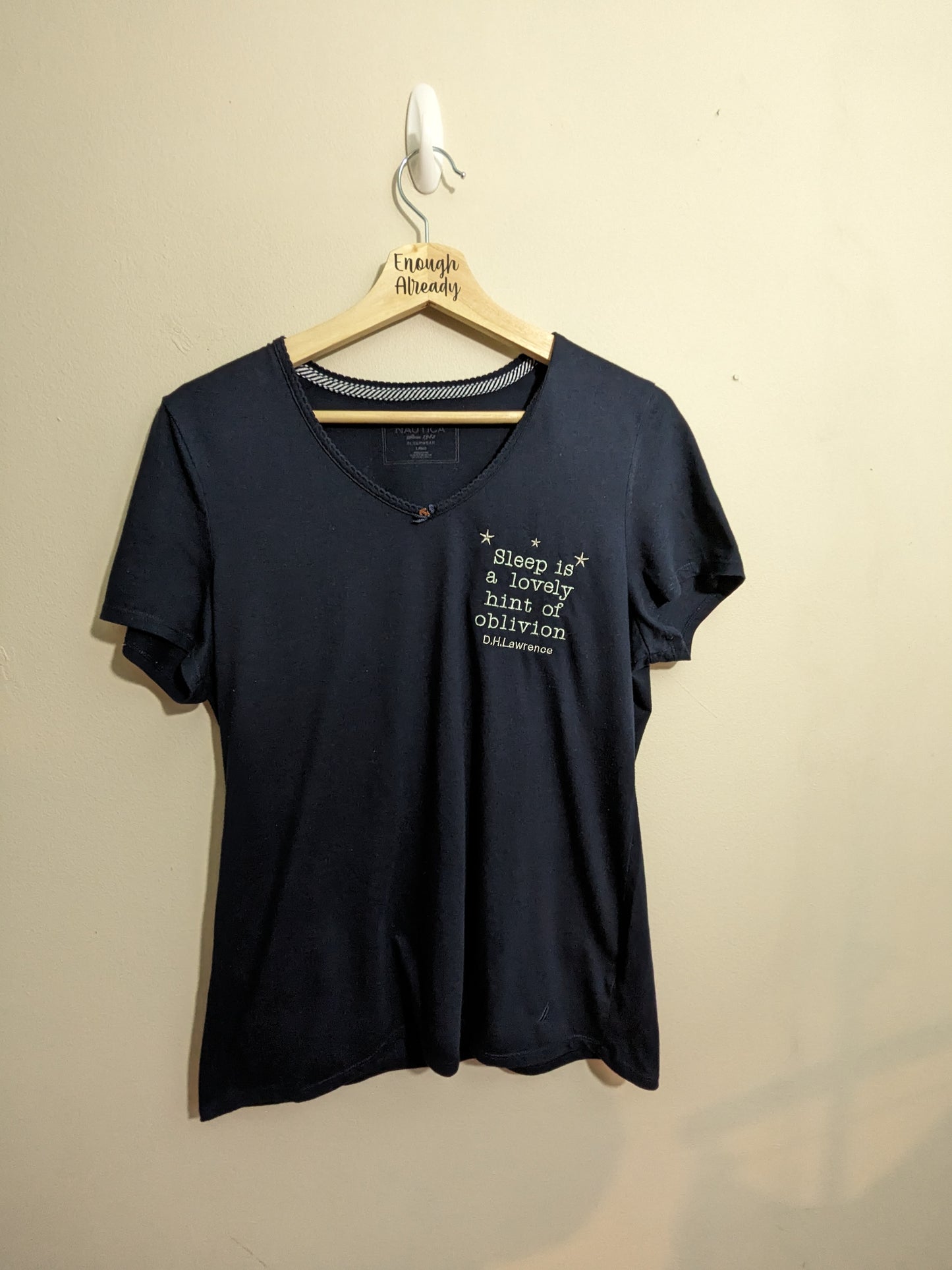 Size 16-18 Navy Blue Up-Cycled Pyjama Set - Embroidered D. H. Lawrence Literary Quote